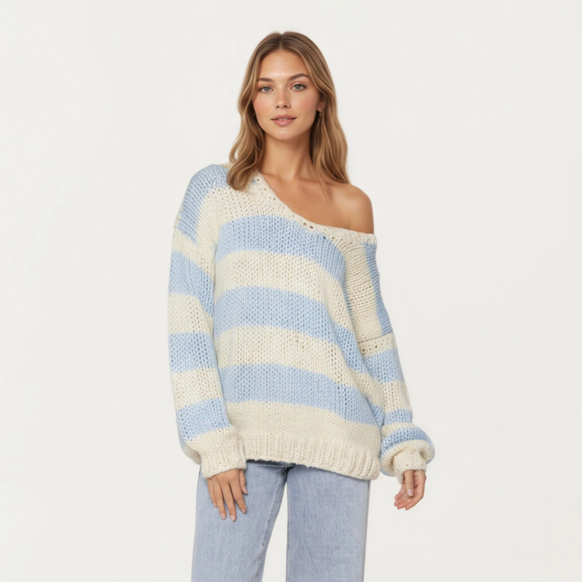 Anna-Kaci Women's Oversized Striped Knit Sweater with Soft Chunky Texture Slouchy Off-Shoulder Fit