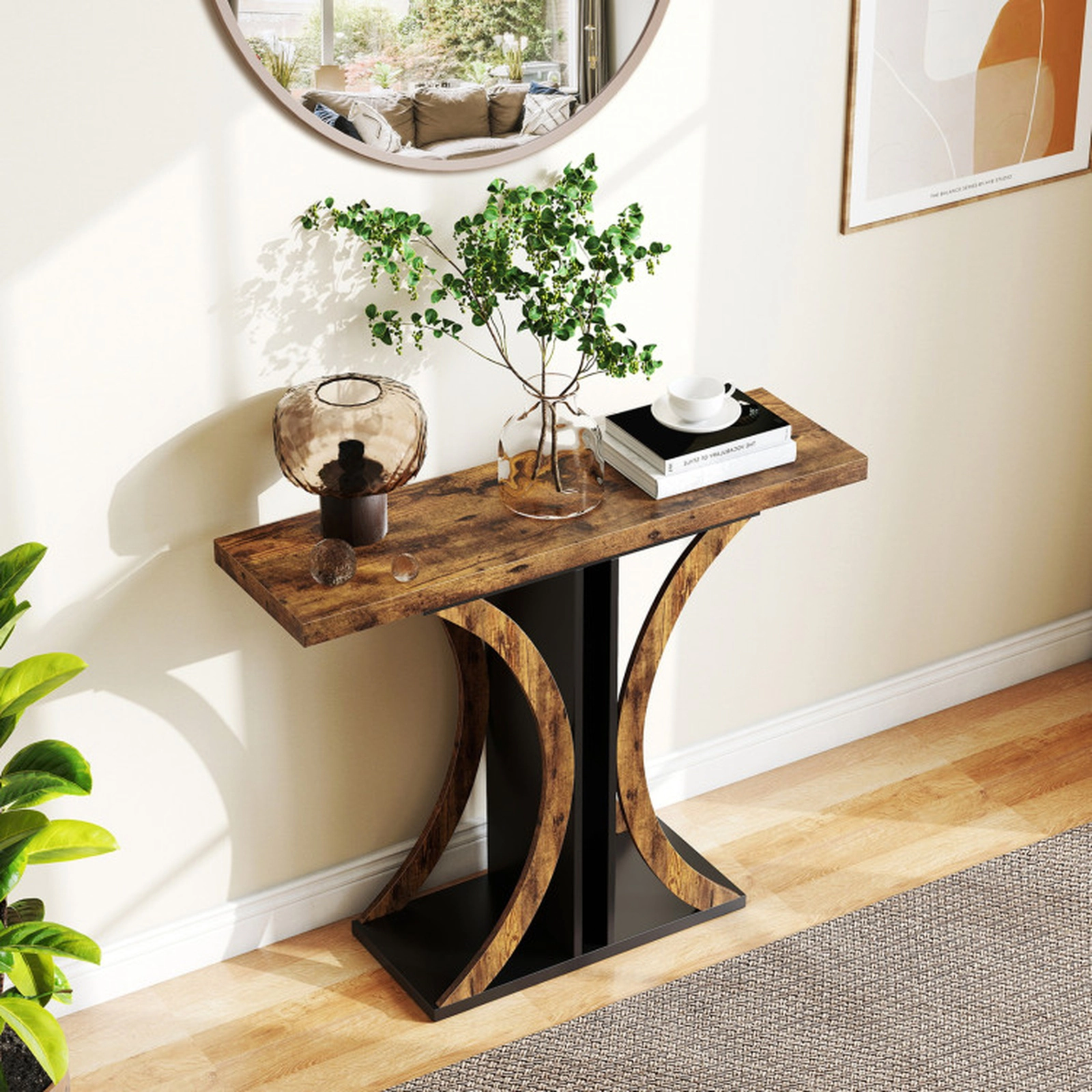 SUGIFT 39.5-in Rectangular Console Table with Geometric Frame 110-lb Tabletop Capacity 2 Anti-Toppling Kits Rustic Brown