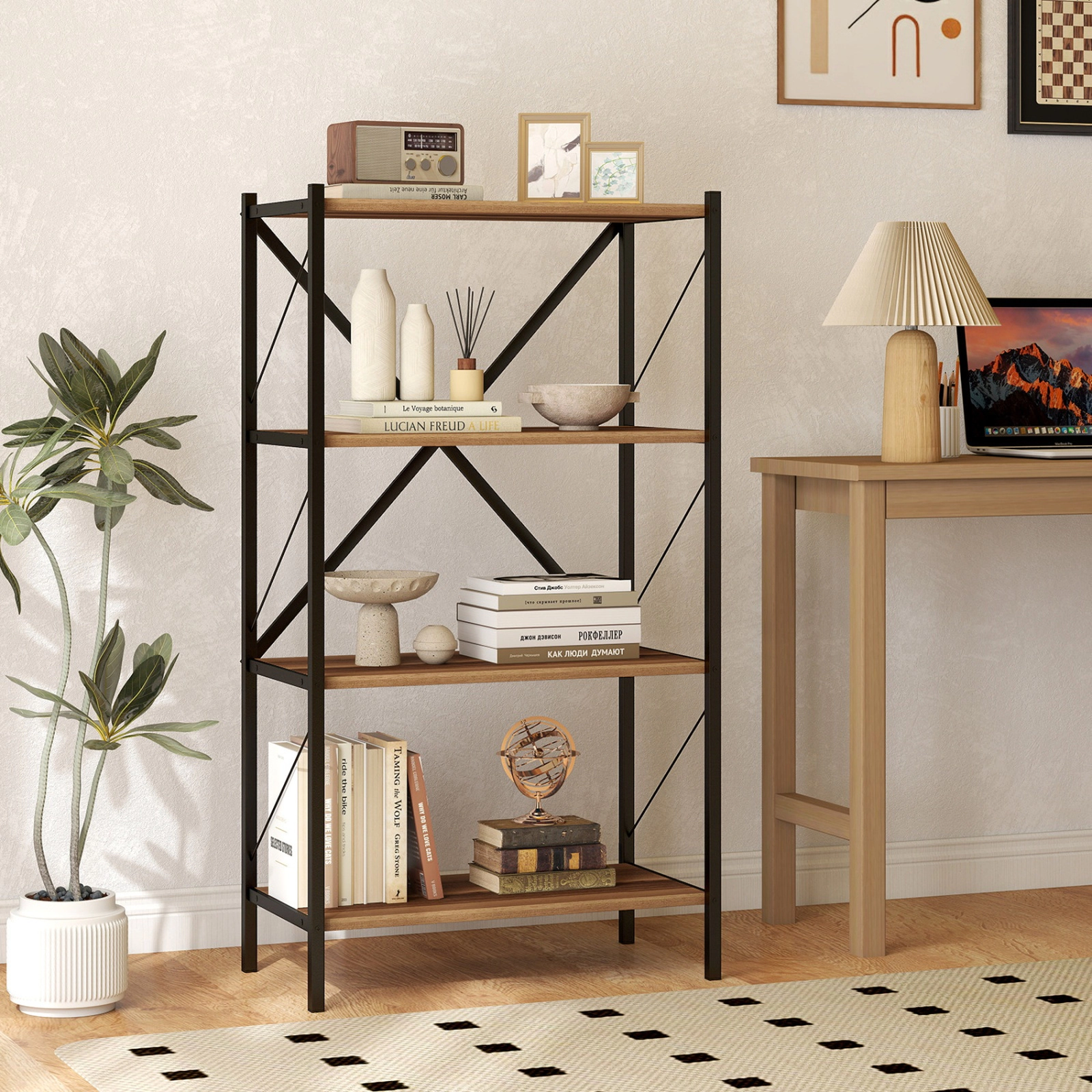 SUGIFT 4-Tier Open Storage Bookshelf with Heavy-Duty Metal Frame 47.5-in Tall 5.5-lb Per Shelf Capacity White/Walnut