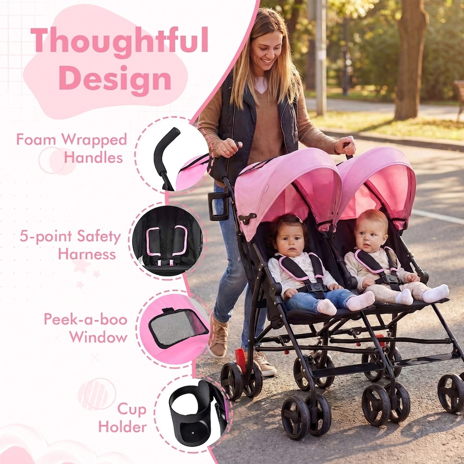 SUGIFT Foldable Twin Umbrella Double Stroller 35-lb Capacity Per Seat Ages 7-36 Months Black/Pink