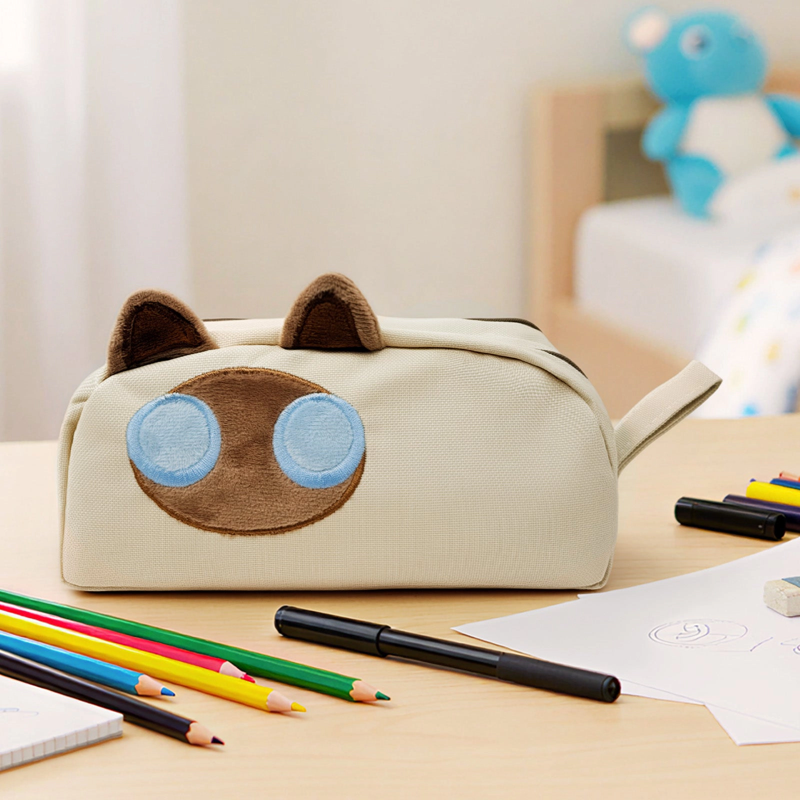 Wrapables 3D Cat 2-Compartment Pencil Case, Beige Cat