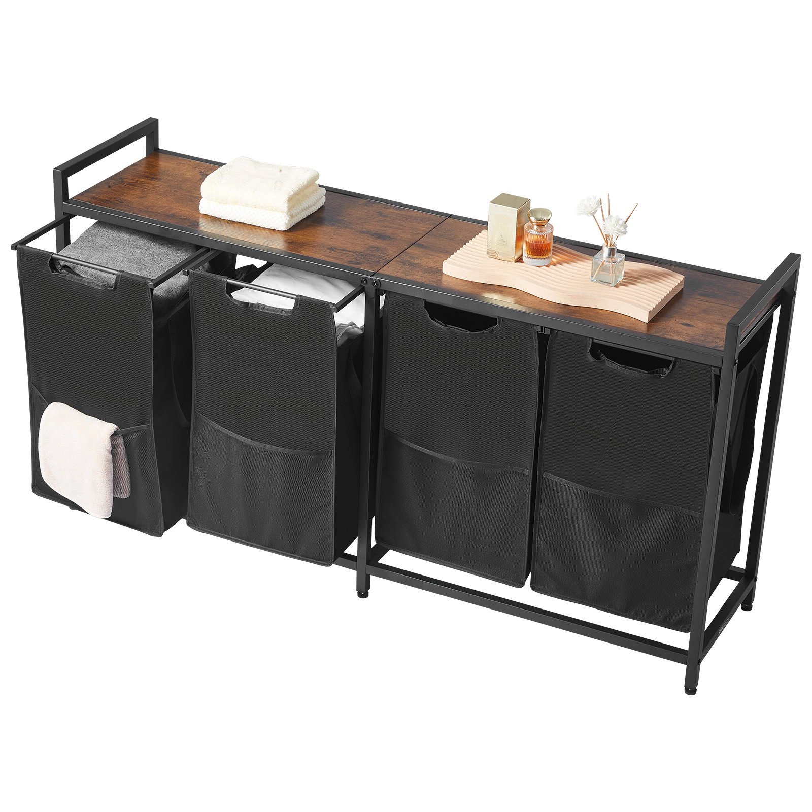 HONGGE 4-Section Laundry Sorter Hamper with Wood Tabletop, Metal Frame & Pull-Out 600D Oxford Fabric Bags