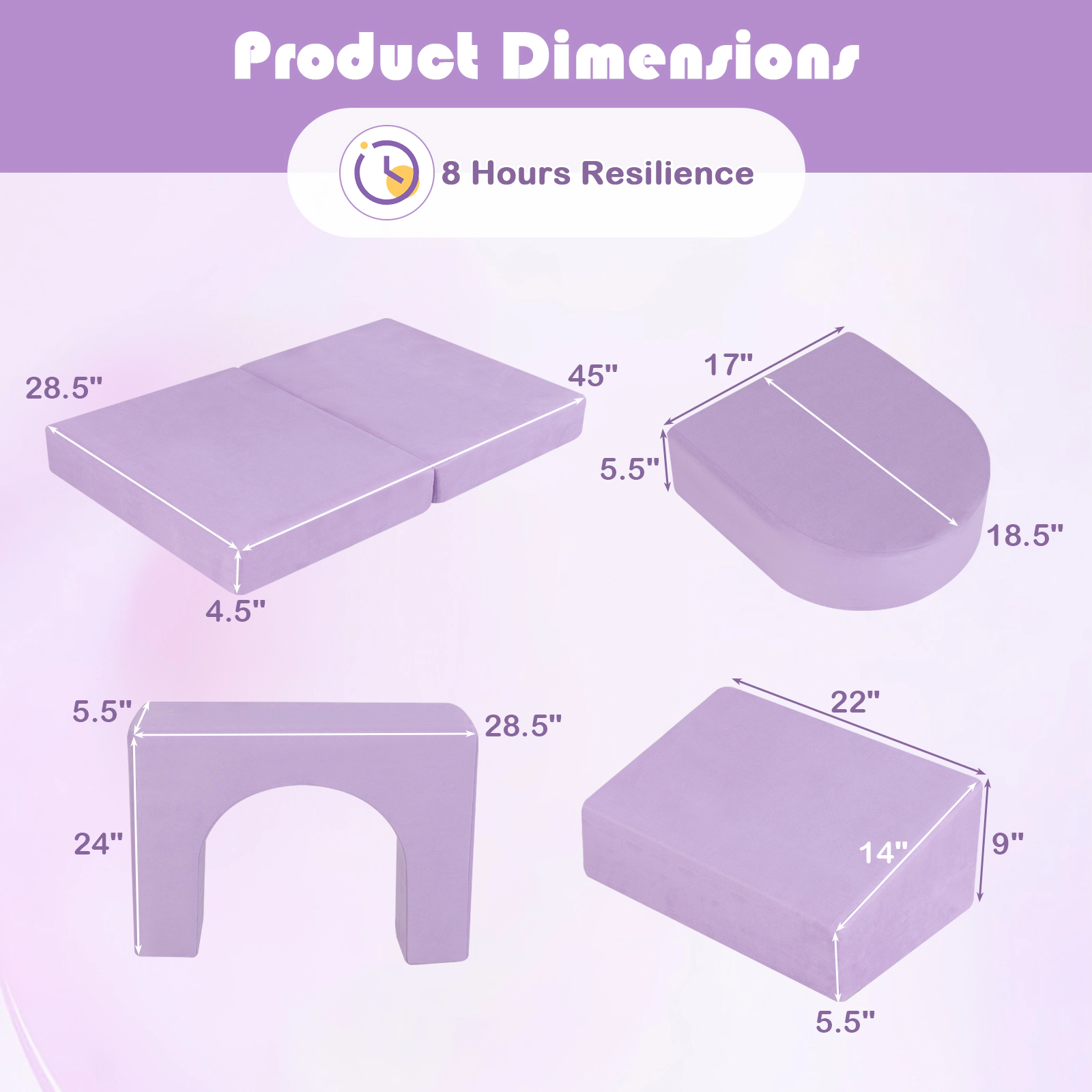 SUGIFT 8-Piece Modular Kids Play Couch Office Chair with Suede Fabric 56-in Wide Purple