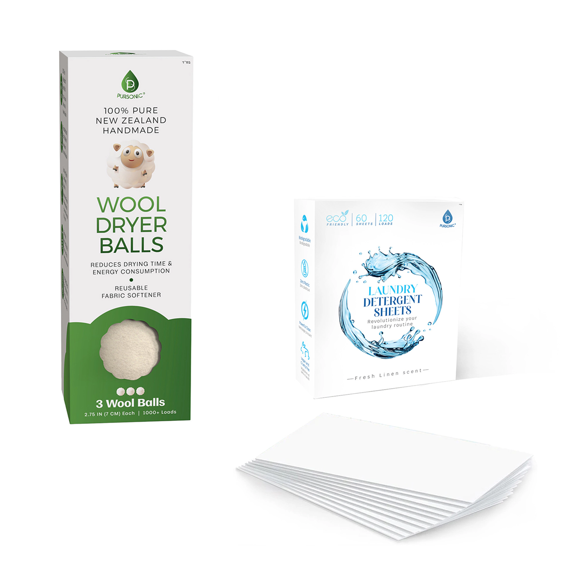 Pursonic Unisex Eco-Friendly Laundry Care Set: Detergent Sheets & New Zealand Wool Dryer Balls