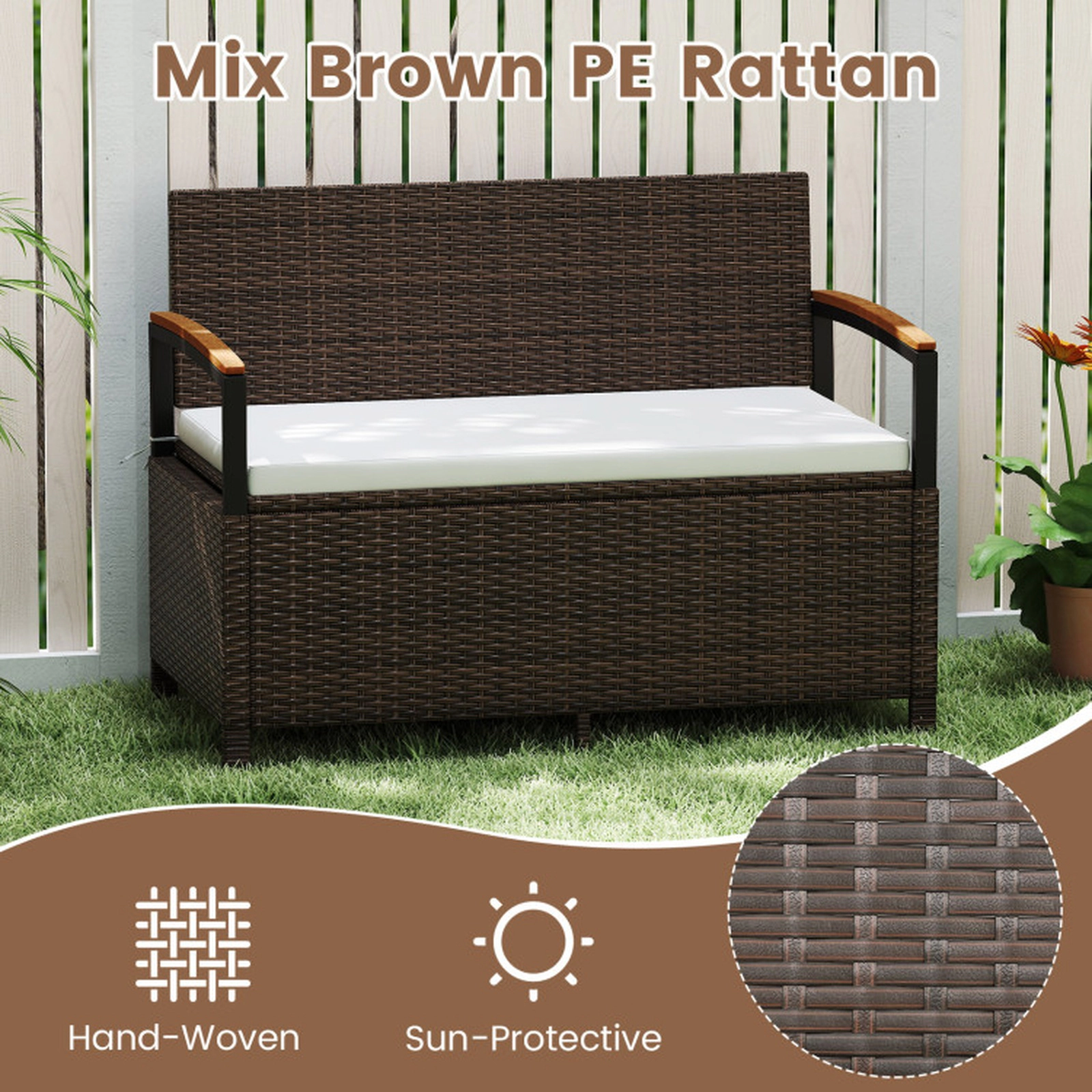 SUGIFT Gas Strut Lid 46-Gallon Washable Cushion PE Rattan Storage Bench 47-in x 24-in x 33-in 800-lb Capacity White