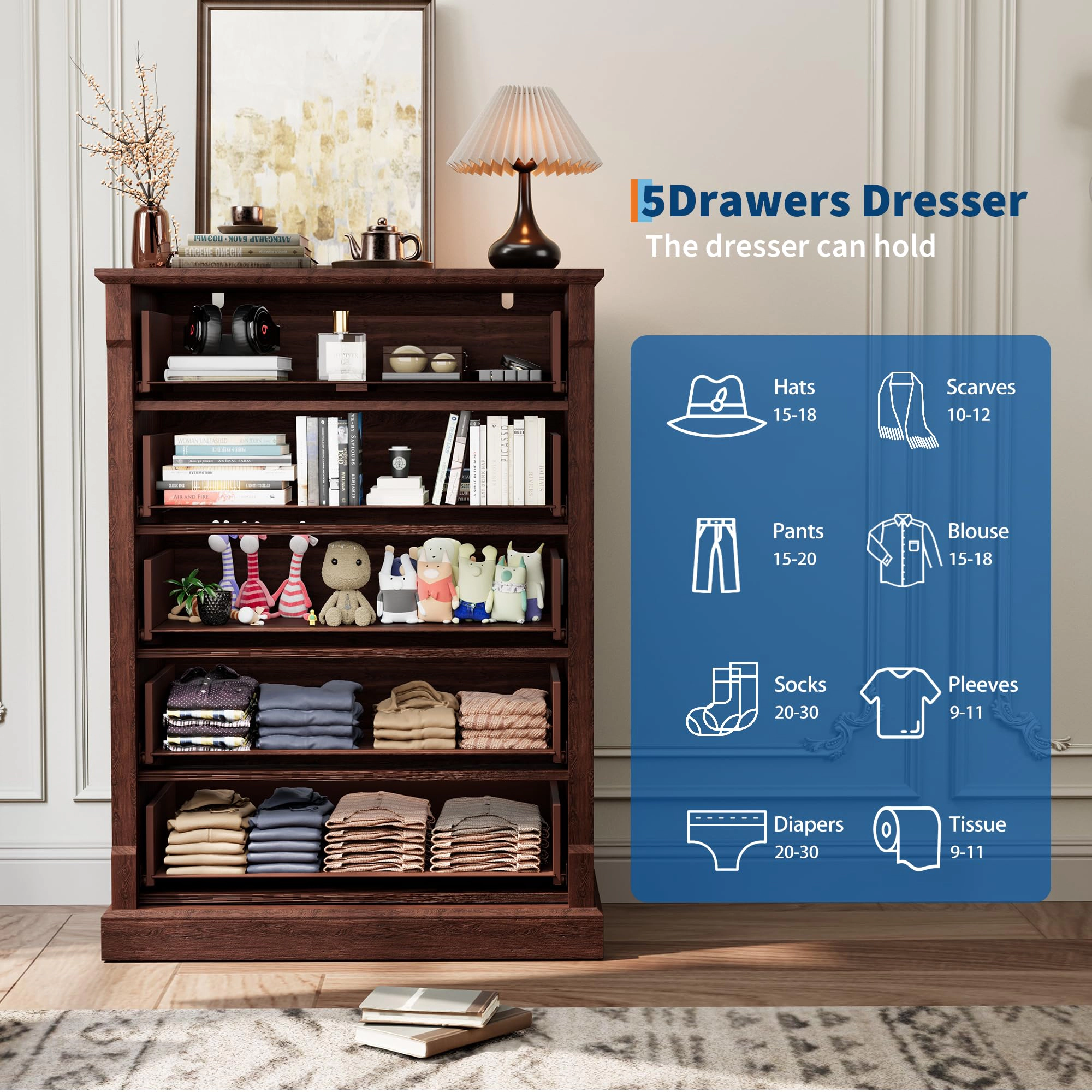 Farmhouse 5 Drawer Tall Dresser with Metal Handles, Rustic Wooden Chest for Bedroom Living Room Hallway