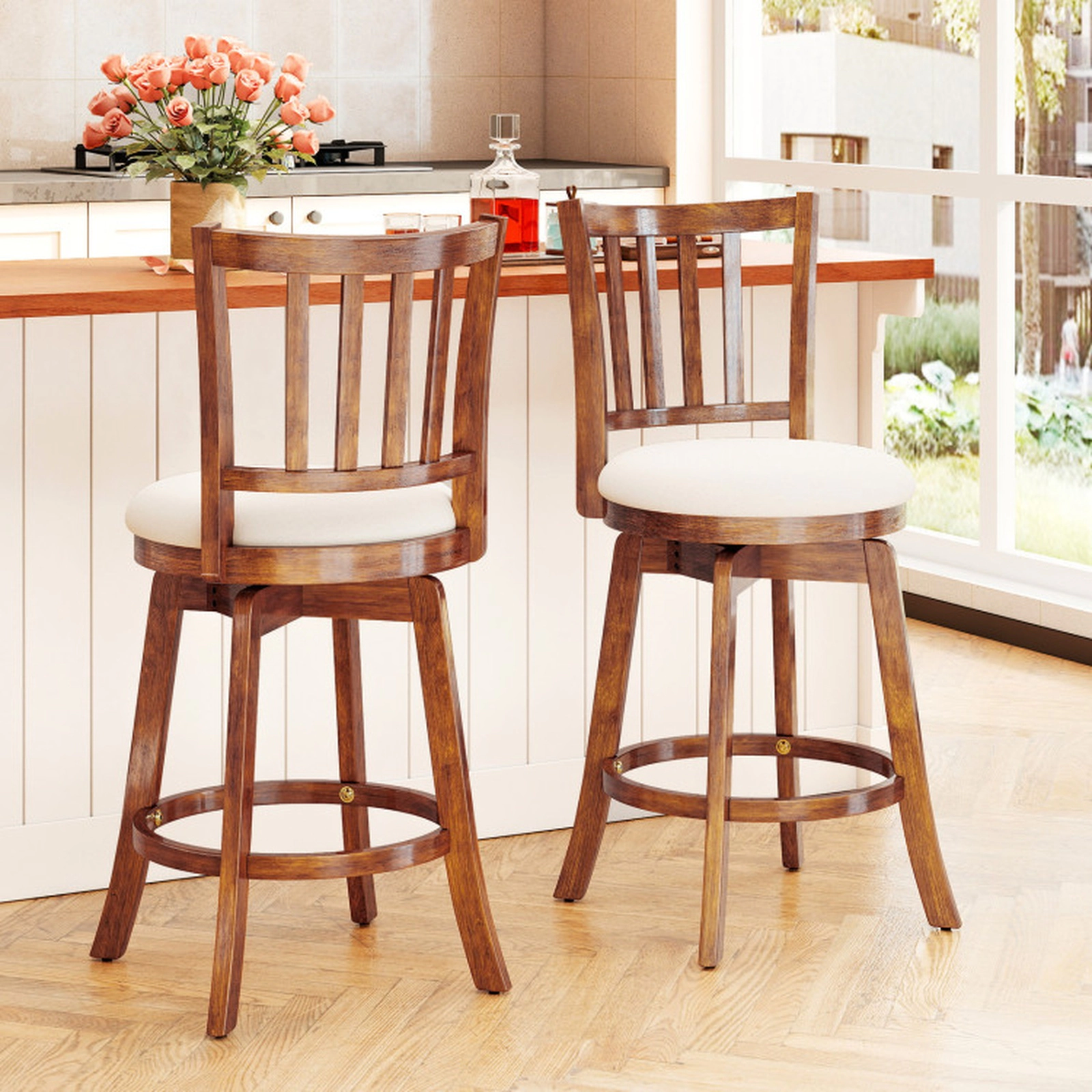 SUGIFT Set of 4 30.5-in Seat H Swivel Backrest and Upholstered Seat Bar Height Chairs Driftwood