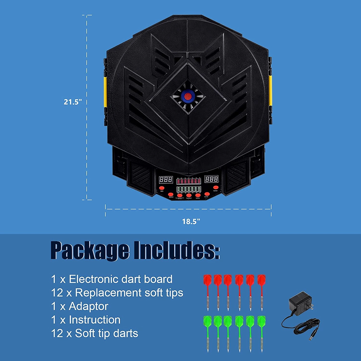 SUGIFT Electronic Dartboard Set LCD Display 13.5-in Target 27 Games 216 Variations 1-8 Players 12 Soft Tip Darts Black