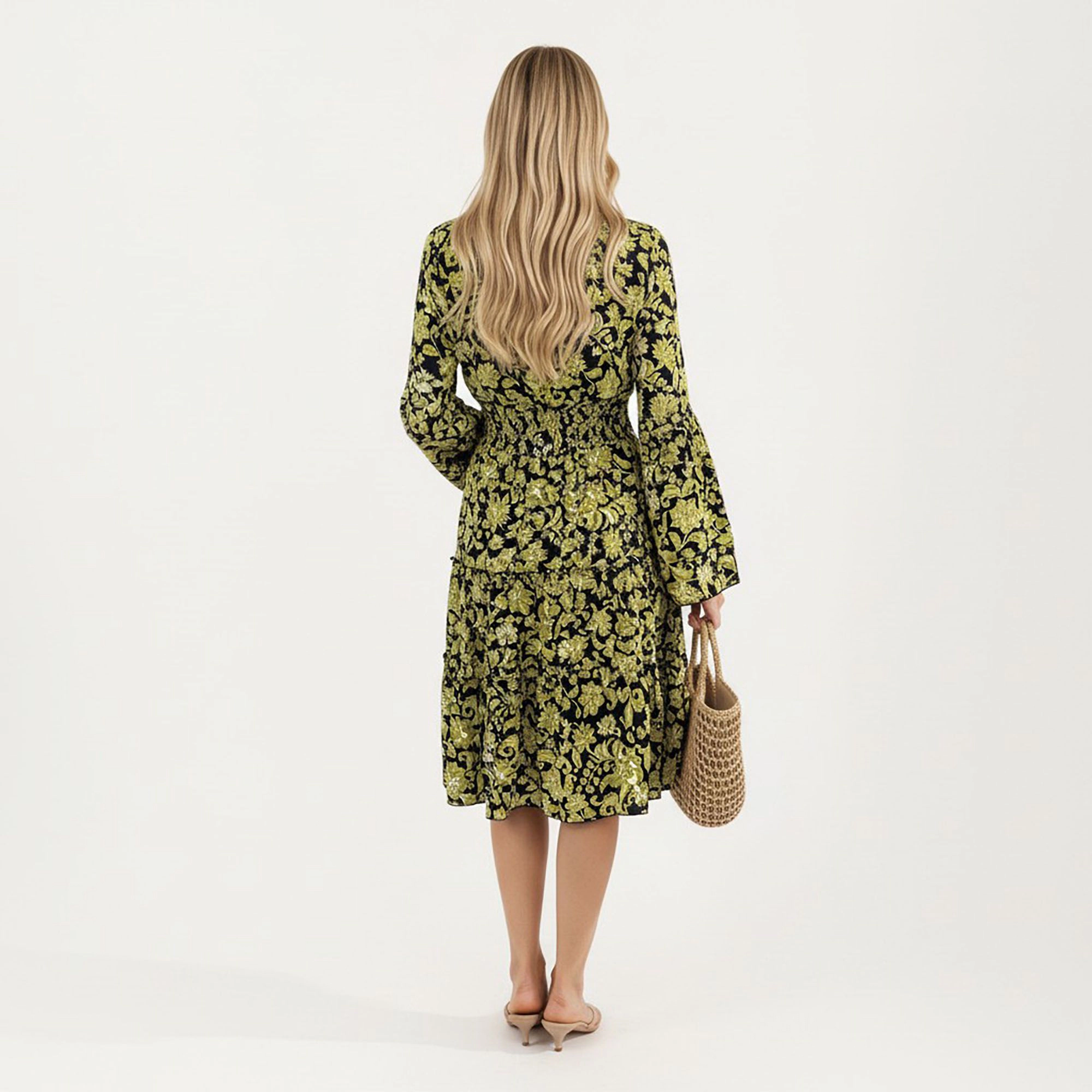 Anna-Kaci Women's Floral V Neck Bell Sleeves Tiered Skirt Dress