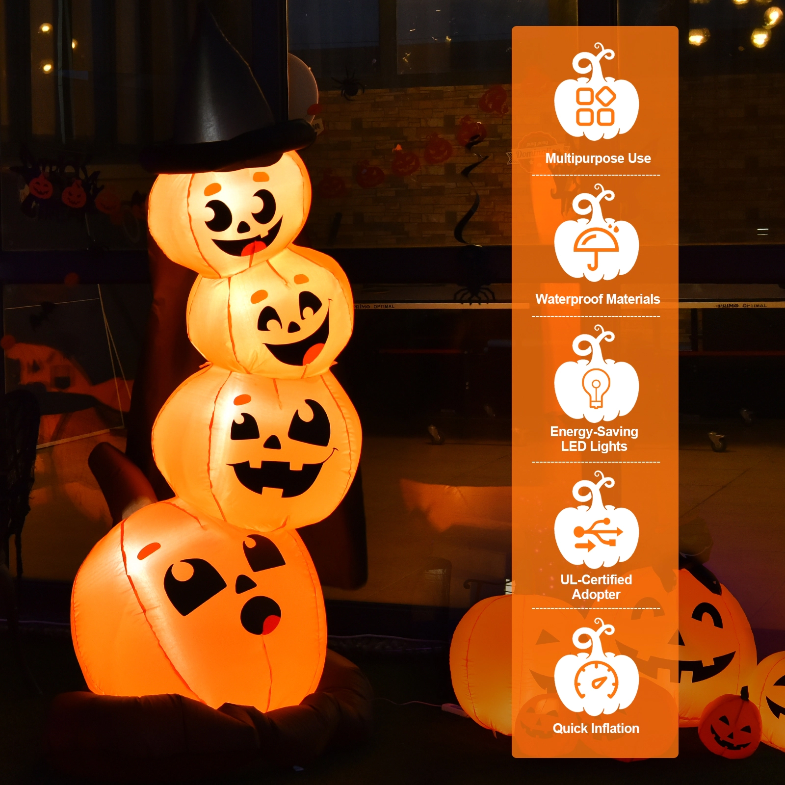 Glintex 7-Ft Halloween Inflatable Pumpkin Combo with Witch Hat and LED Lights, Multicolor