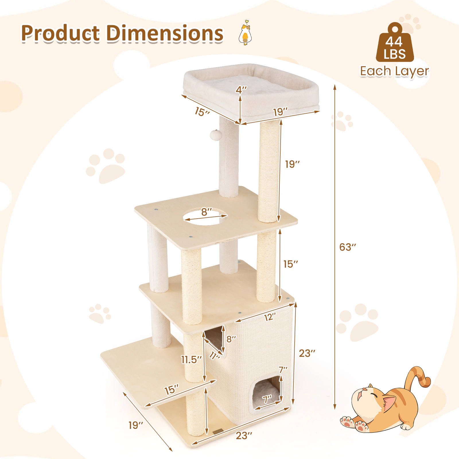 SUGIFT 63-in Natural Heavy Duty Wooden Cat Tree with 44-lb Layers 2-Story Condo and Plush Top Perch
