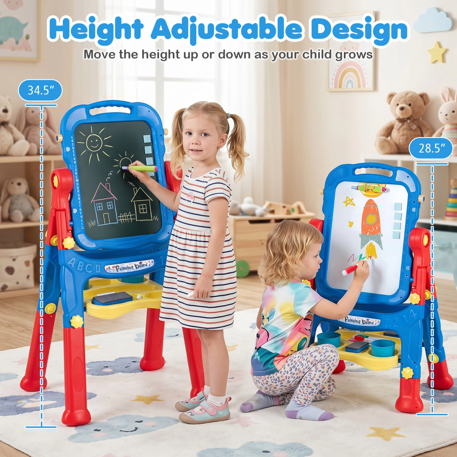 SUGIFT 4-in-1 Adjustable Height Art Easel for Kids Ages 3+ Blue & Red/Blue/Peach Fuzz