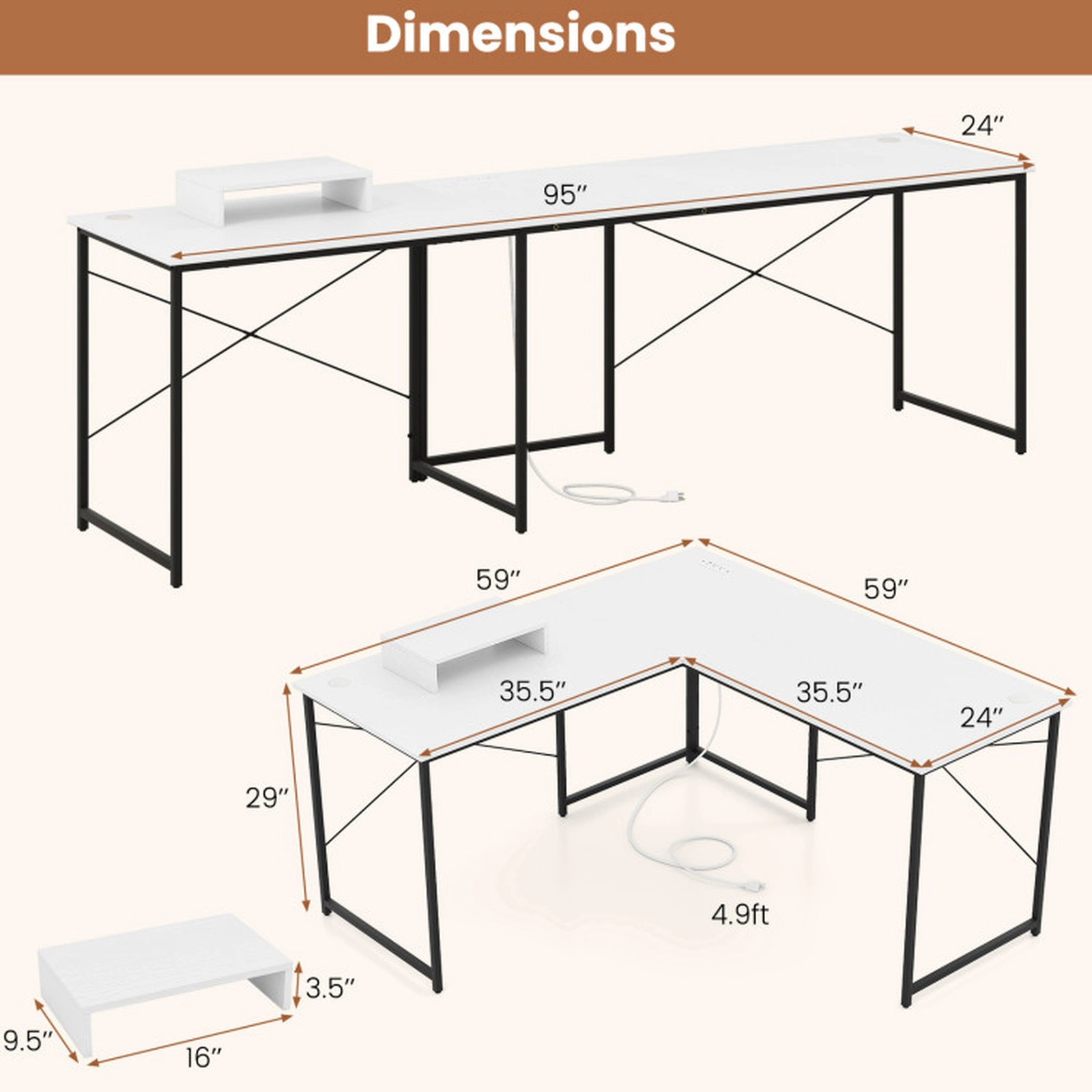 SUGIFT 2-Form L-Shaped Computer Desk with Monitor Shelf 253-lb Capacity White Rustic Brown Black Gray Natural Brown