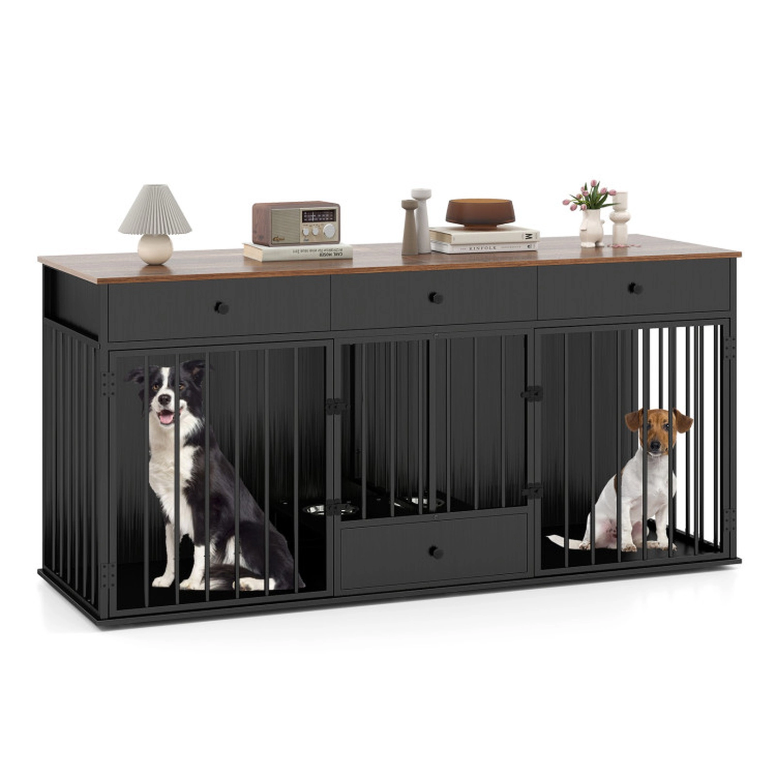 SUGIFT Modern Dog Crate Furniture for 2 Dogs with Divider 3 Drawers Pull-Out Feeder and 2 Steel Bowls