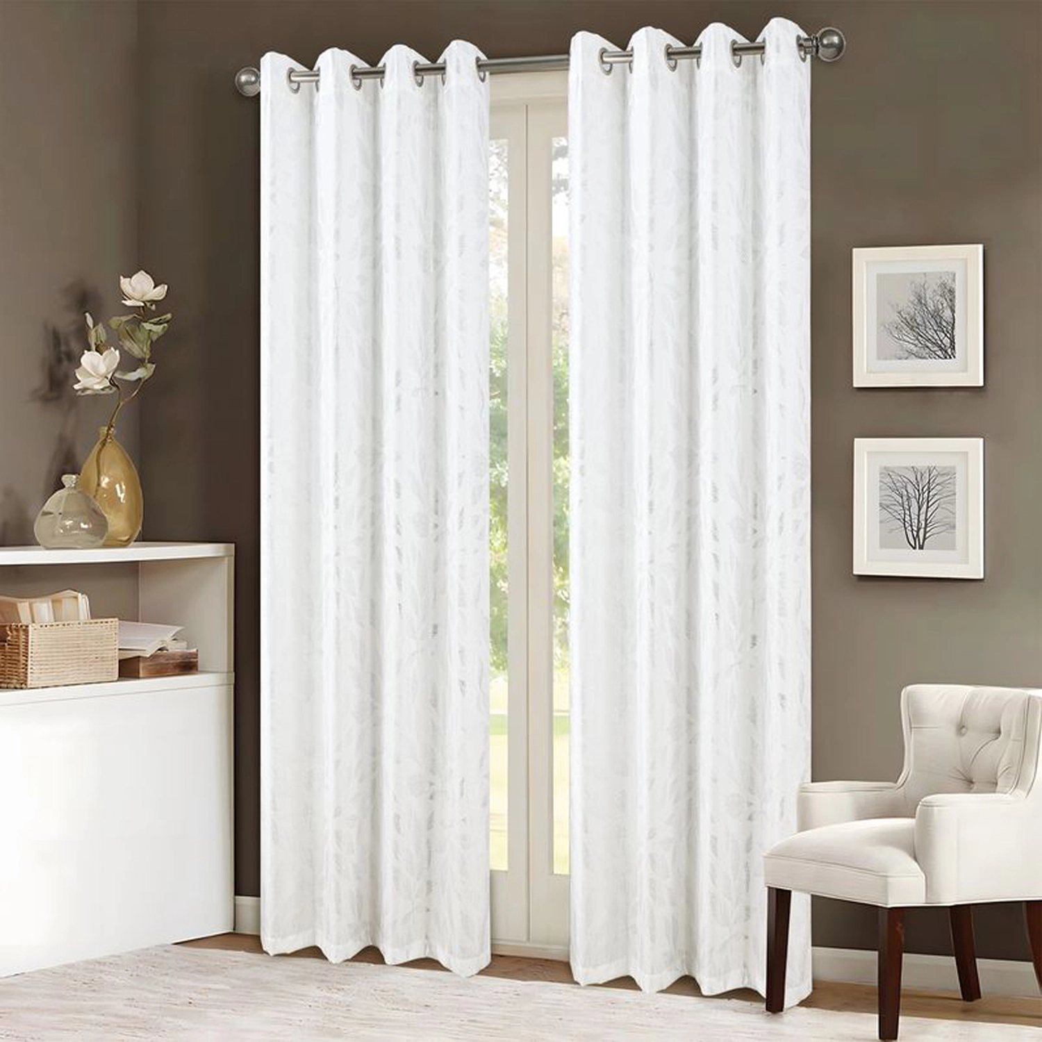 RT Designers Collection Bexley Foil Jacquard Polyester Window Curtain Grommet Panel 52" x 84" White/Silver