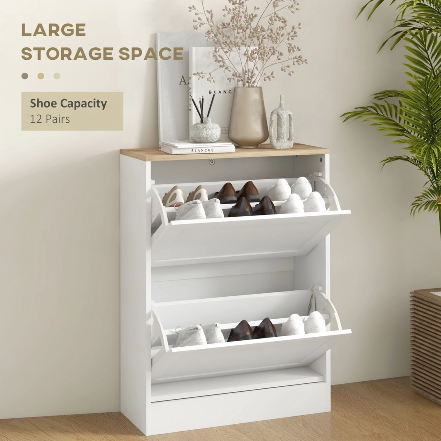 HONGGE Slim Shoe Storage Cabinet with 2 Flip Drawers and Adjustable Shelves for 8-12 Pairs, White