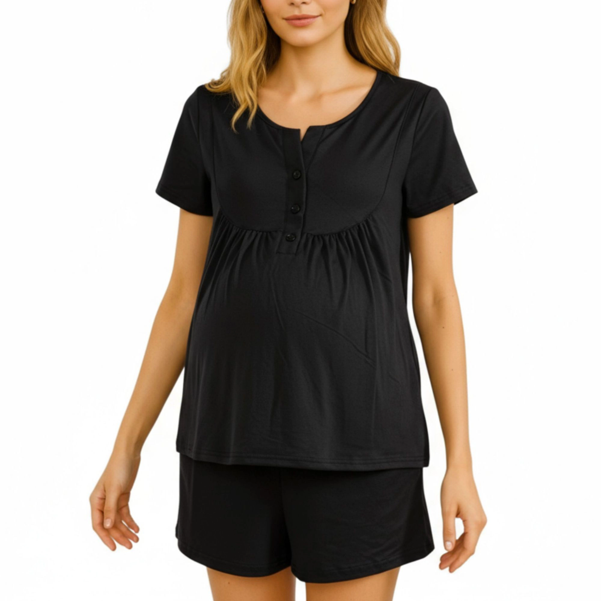 Anna-Kaci Women's 2-Piece Maternity Pajama Set with Short Sleeve Henley Top and Stretch Shorts