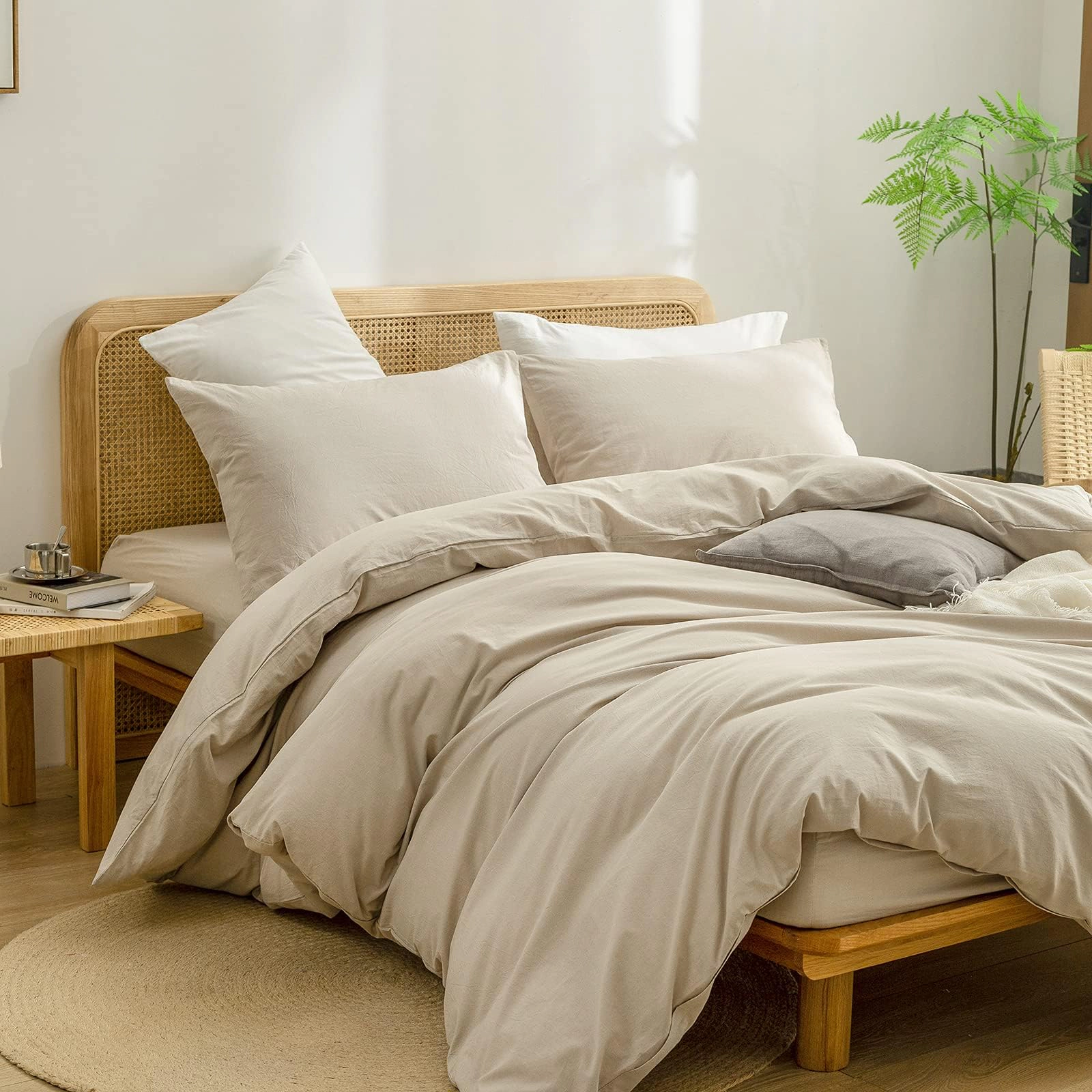 PUPWE Ton Solid Duvet Cover Set Linen Feel Almond Milk Grey