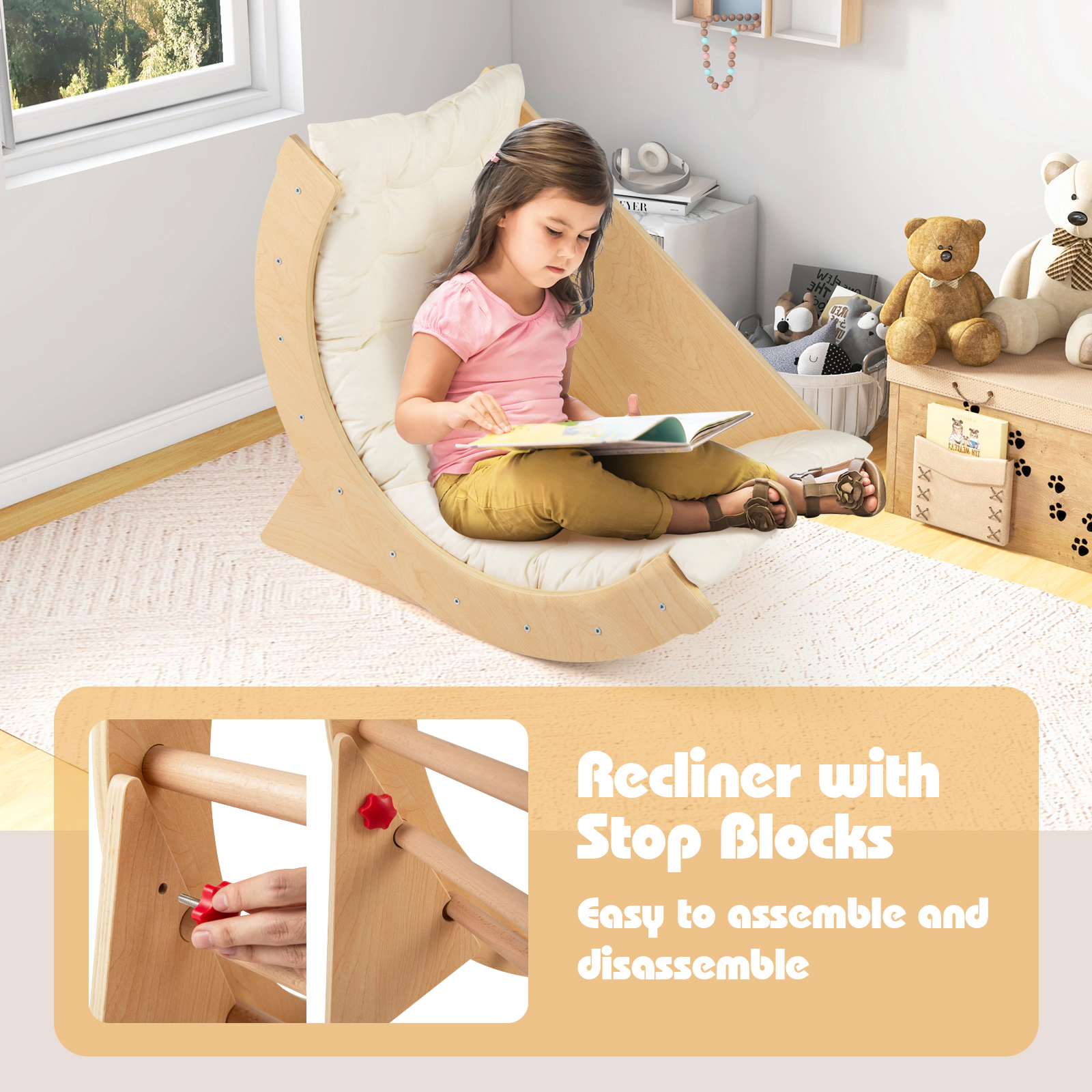 SUGIFT Beige Removable Cushion 31.5 Inch Kids Montessori Climbing Arch and Rocker