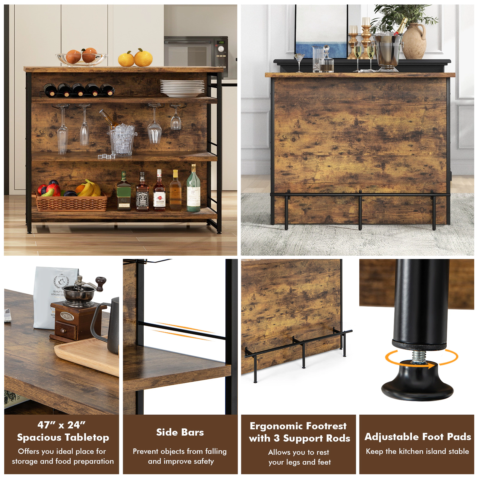 SUGIFT Kitchen Island 4-Tier Storage Shelf & Long Footrest 150-lb Tabletop Capacity 60-lb Shelves Rustic Brown/Black