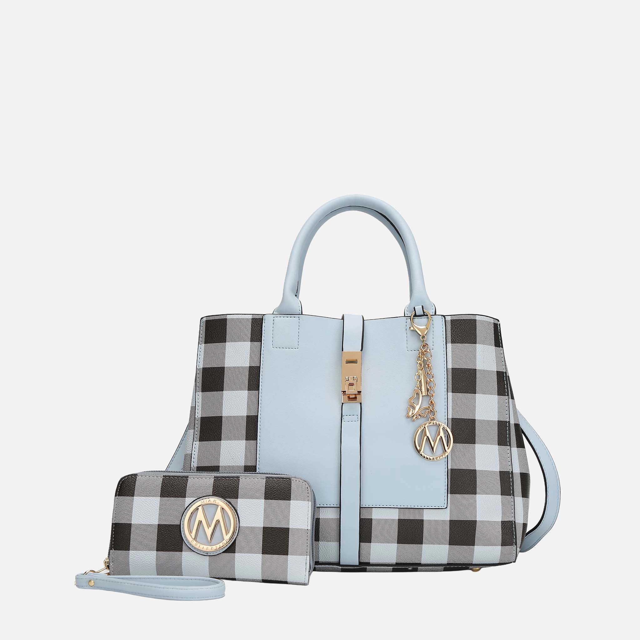 MKF Collection by Mia K Yuliana Checkered Vegan Leather Satchel with Matching Wallet, Light Blue