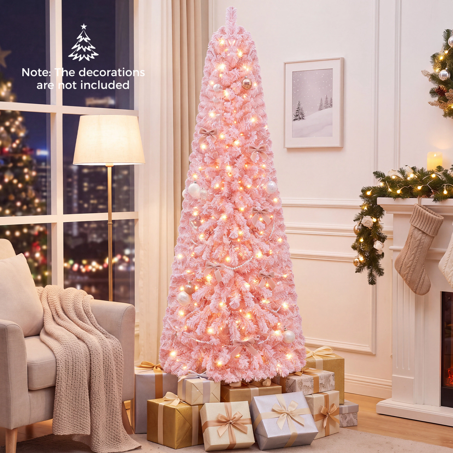 LJG 5/6/7 Feet Flocked Fir Christmas Tree with Warm White LED Lights