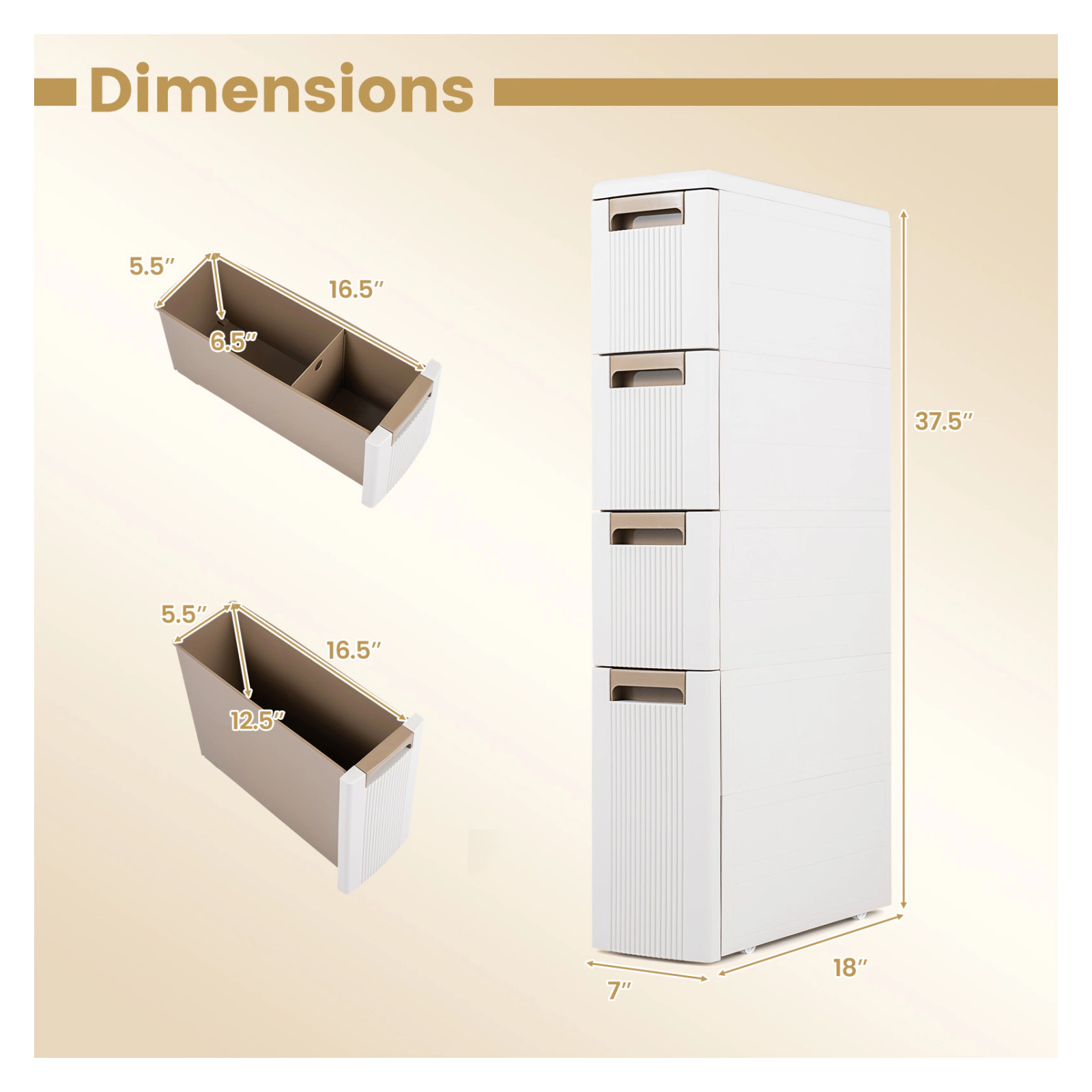Glintex 4-Drawer Narrow Rolling Cart with Deep Bottom Drawer and Anti-Tip Kit, Beige