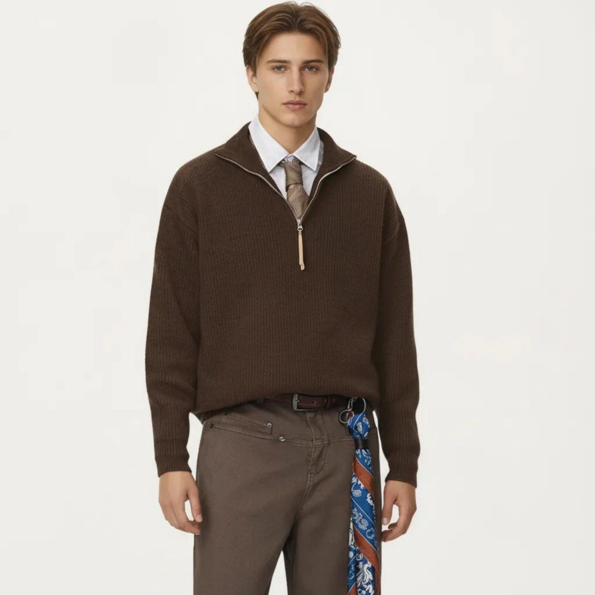 Anna-Kaci Men's Ribbed Half Zip Sweater with Relaxed Fit and Stand Collar Design