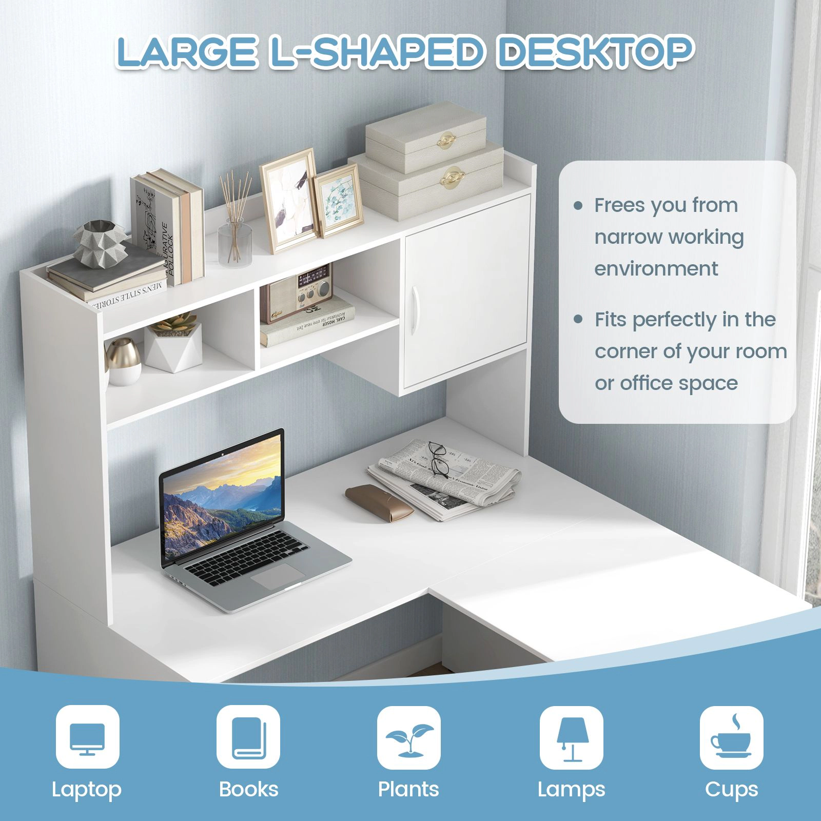 SlickBlue L-Shaped Computer Desk with Raised Hutch and Shelves
