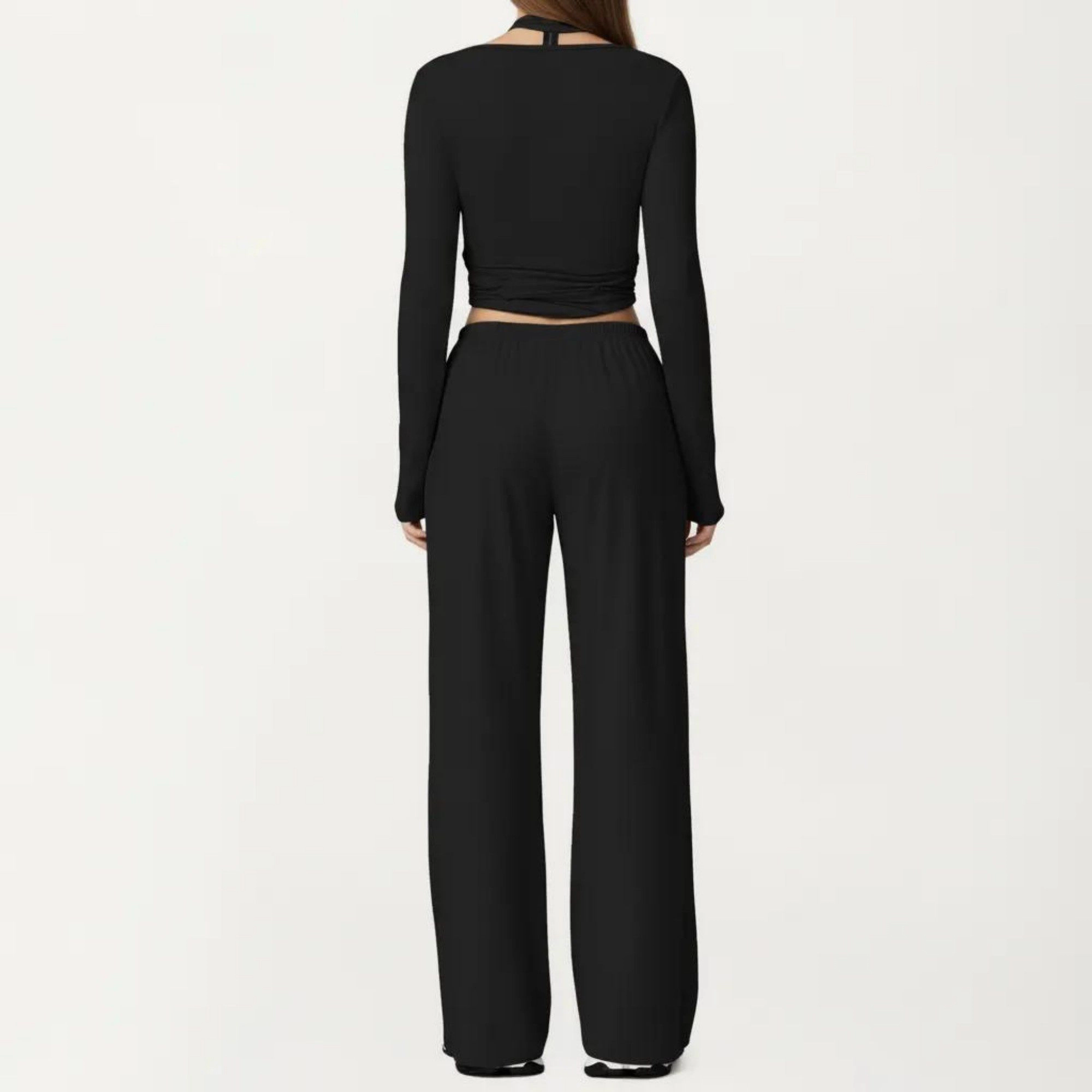 Anna-Kaci Women's Long Sleeve Wrap Front Crop Top with Tie Waist V Neck Fitted Stretch Knit Shirt