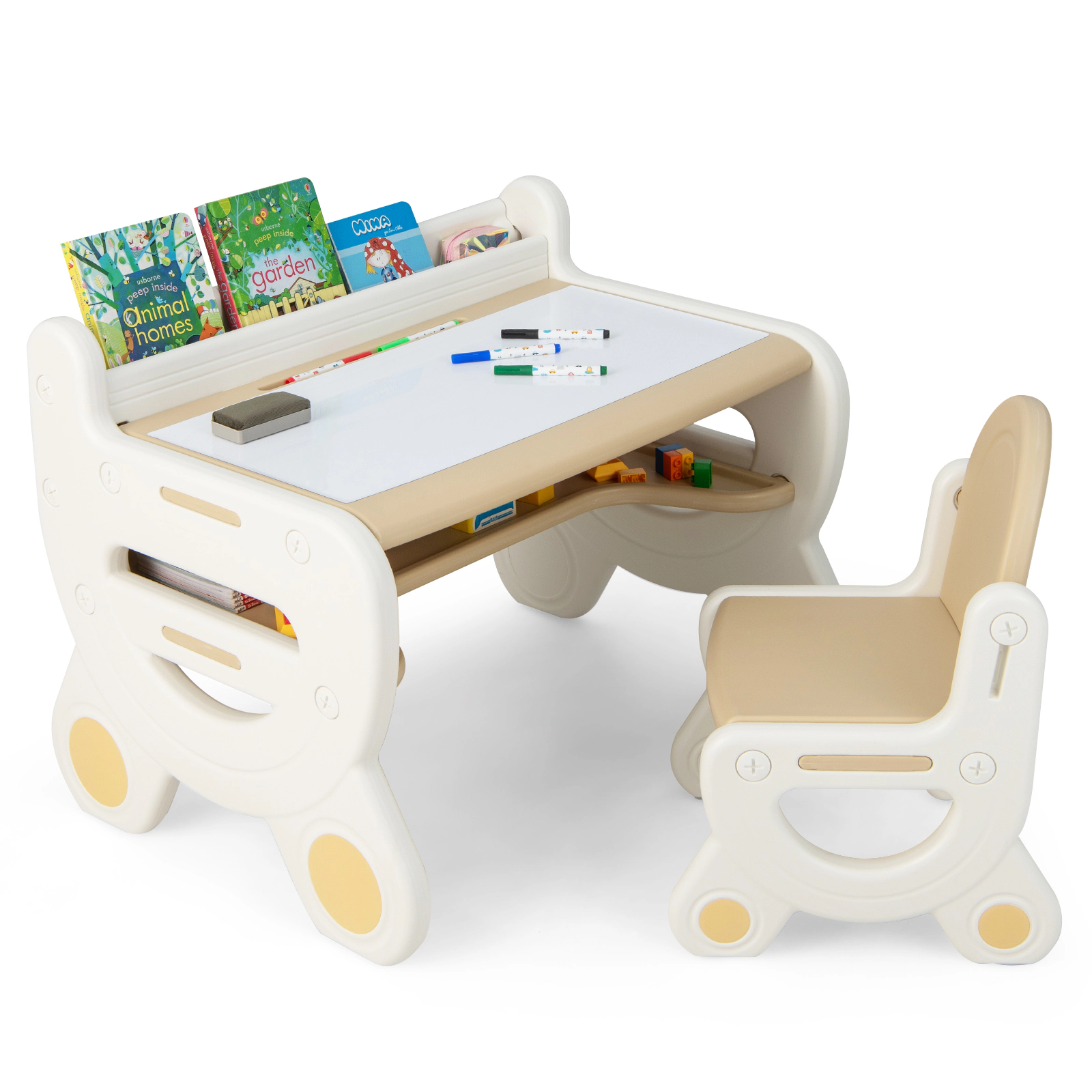 SUGIFT Kids Drawing Table and Chair Set with Watercolor Pens and Blackboard Eraser 66-lb Table 3-8 Years Brown