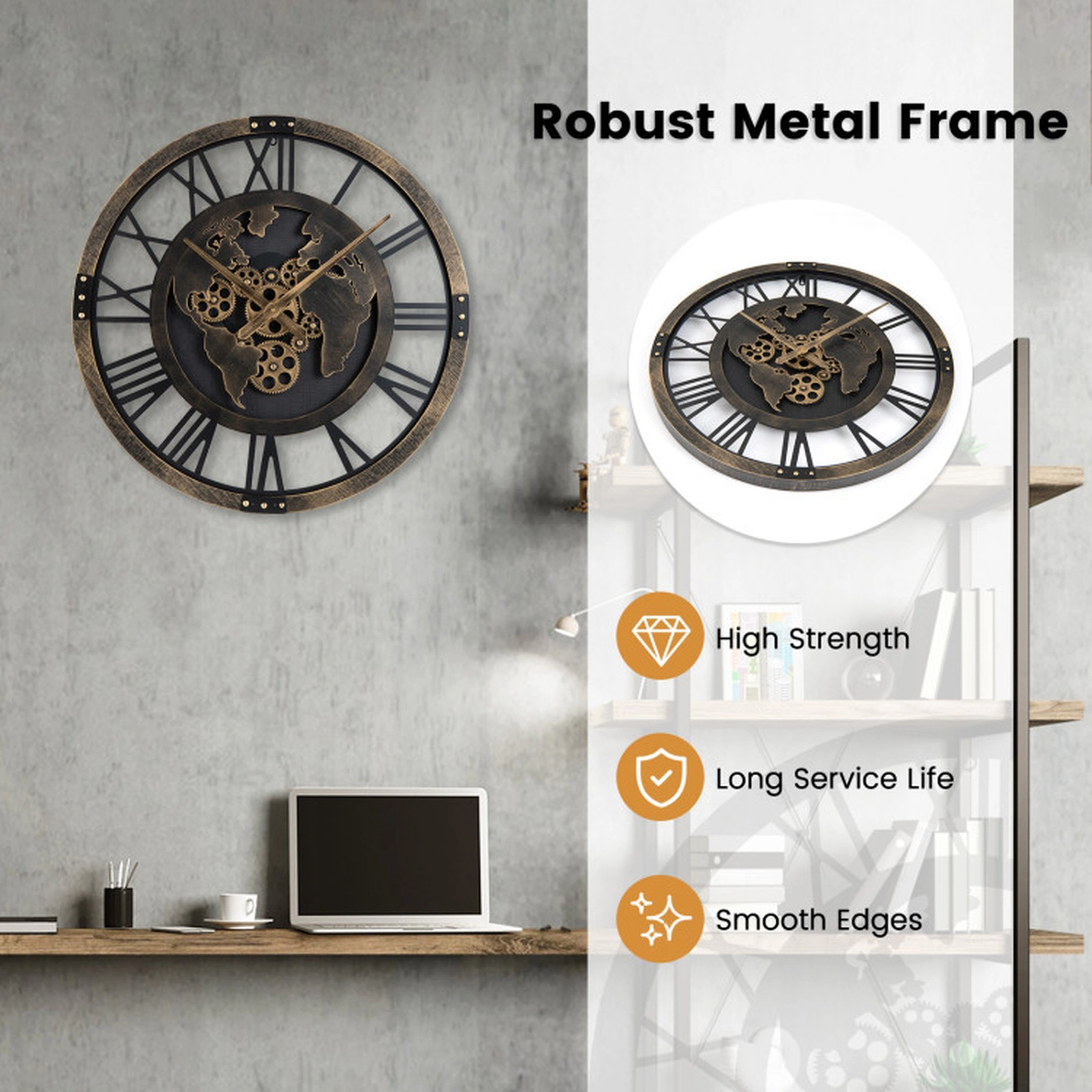 SUGIFT 27-in Oversized Brown Metal Gear Wall Clock with World Map and Non-Ticking Quartz Movement