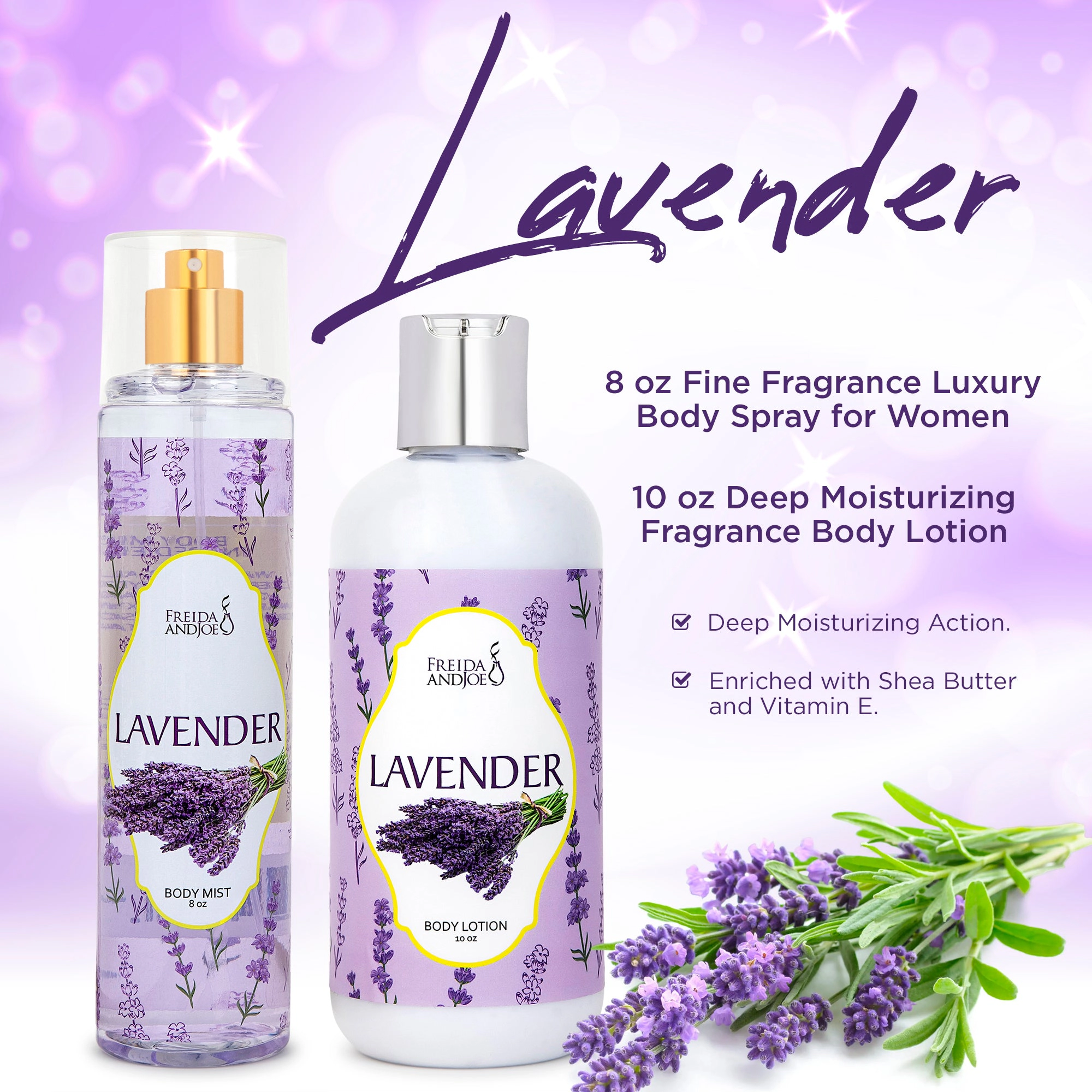Freida and Joe Womens 10oz Deep Moisturizing Fragrance Body Lotion & 8 oz in lavender Scent