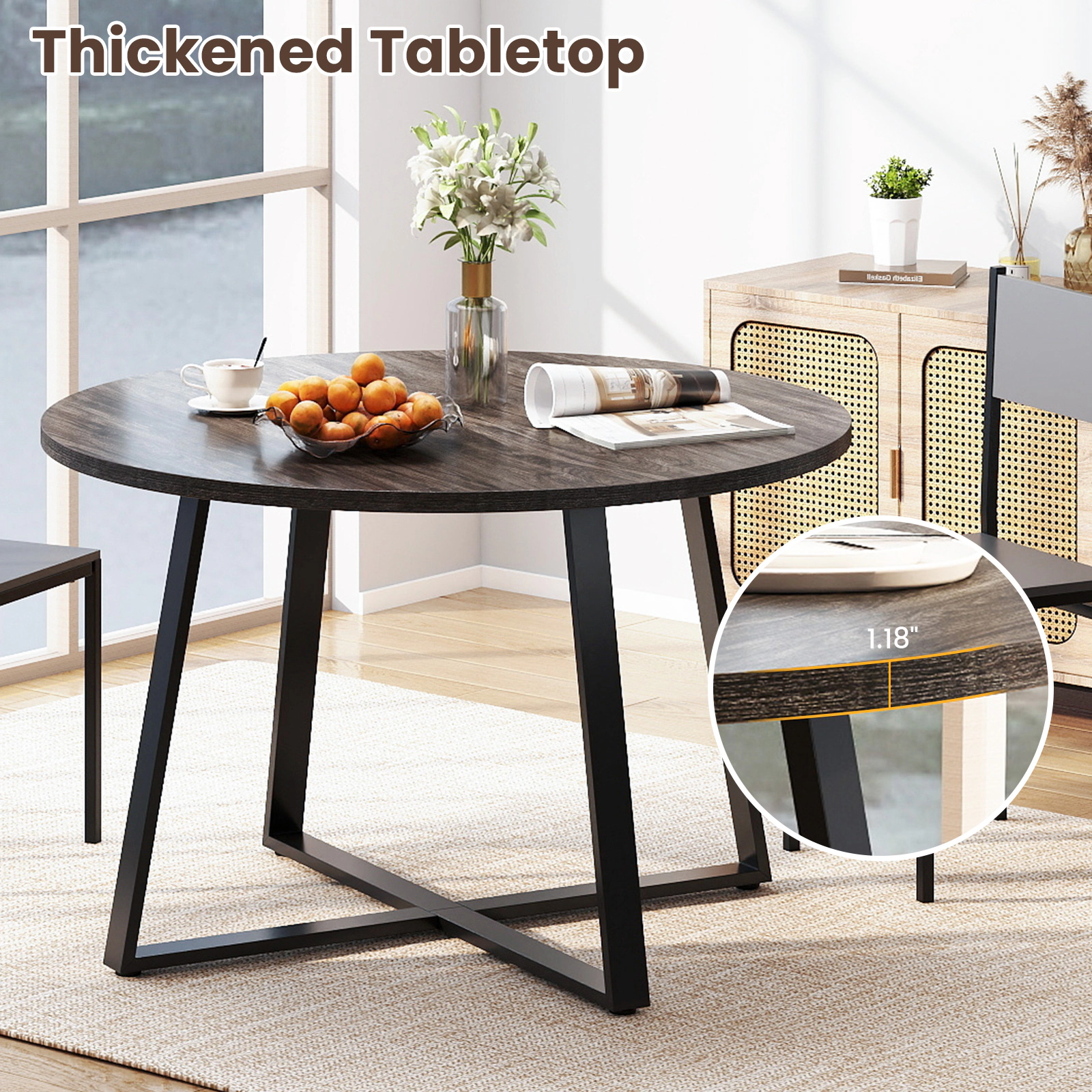 LJG 47 Inch Round Dining Table with Stable x-Shaped Base and Thickened Tabletop