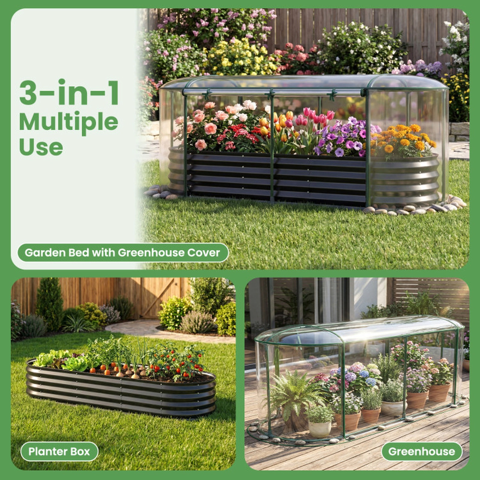 SUGIFT Raised Garden Bed with PVC Greenhouse Cover Outdoor Planter 86-Gal Volume Black/Silver+Transparent