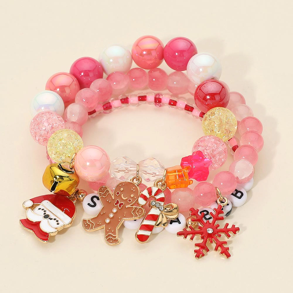 FASHNZFAB 3PCS - Christmas Santa Snowflake Man Charm SANTA BABY Message Beaded Stretch Multi Layered Bracelets