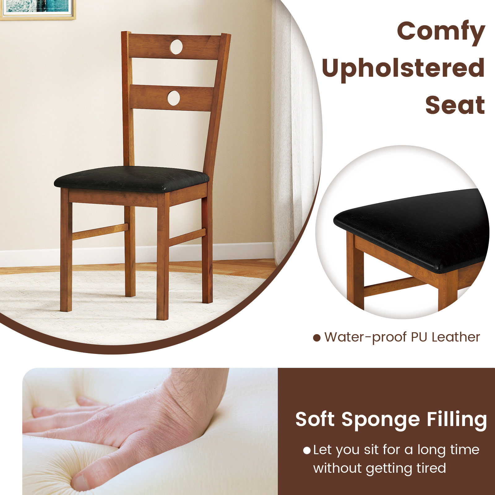 SUGIFT Hollowed Backrest and PU Leather Seat 330-lb Set of 2 Wooden Dining Chairs