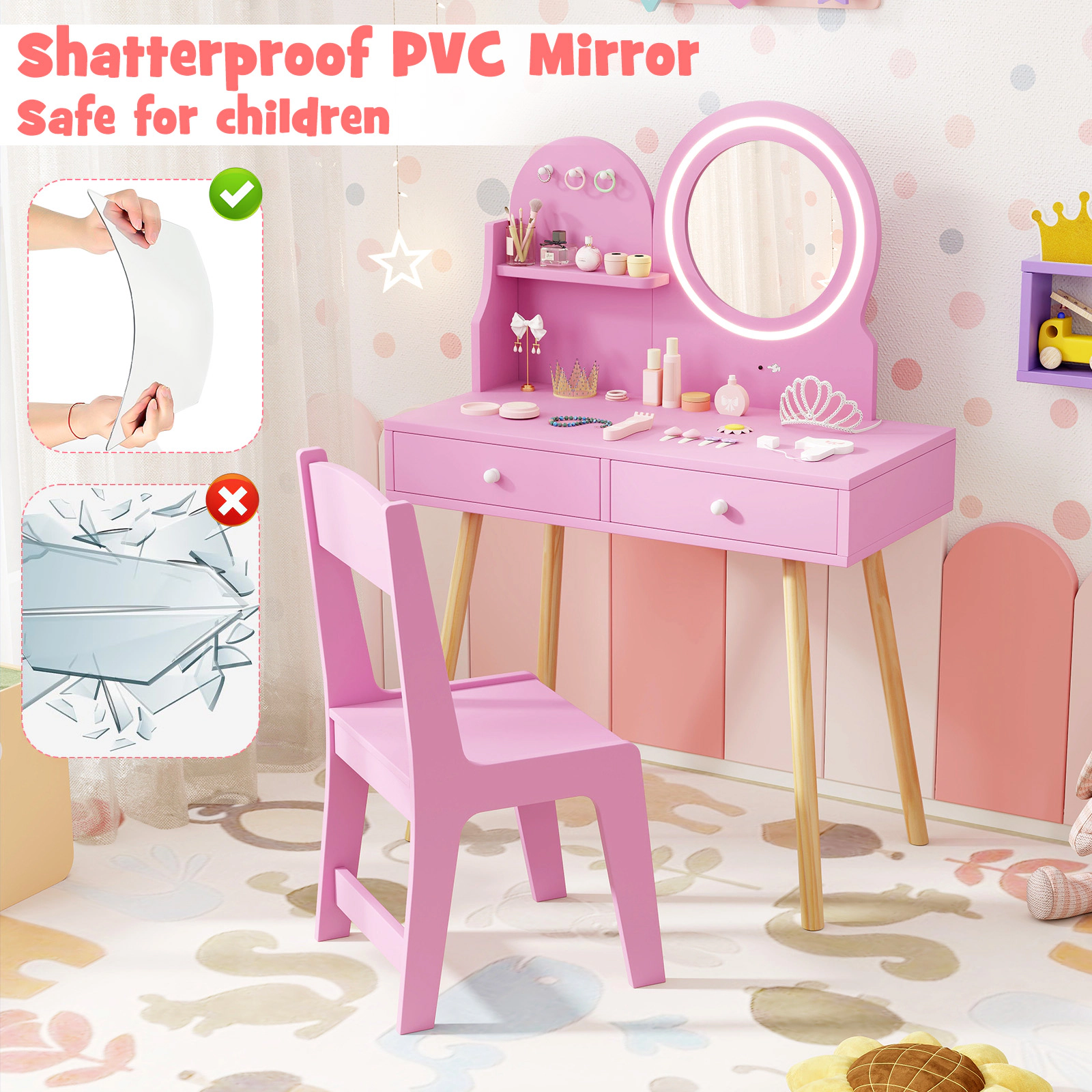 SUGIFT Kids Princess Makeup Dressing Desk & Chair Set Lighted Mirror 110-lb Tabletop 165-lb Chair Ages 3+ Pink/White