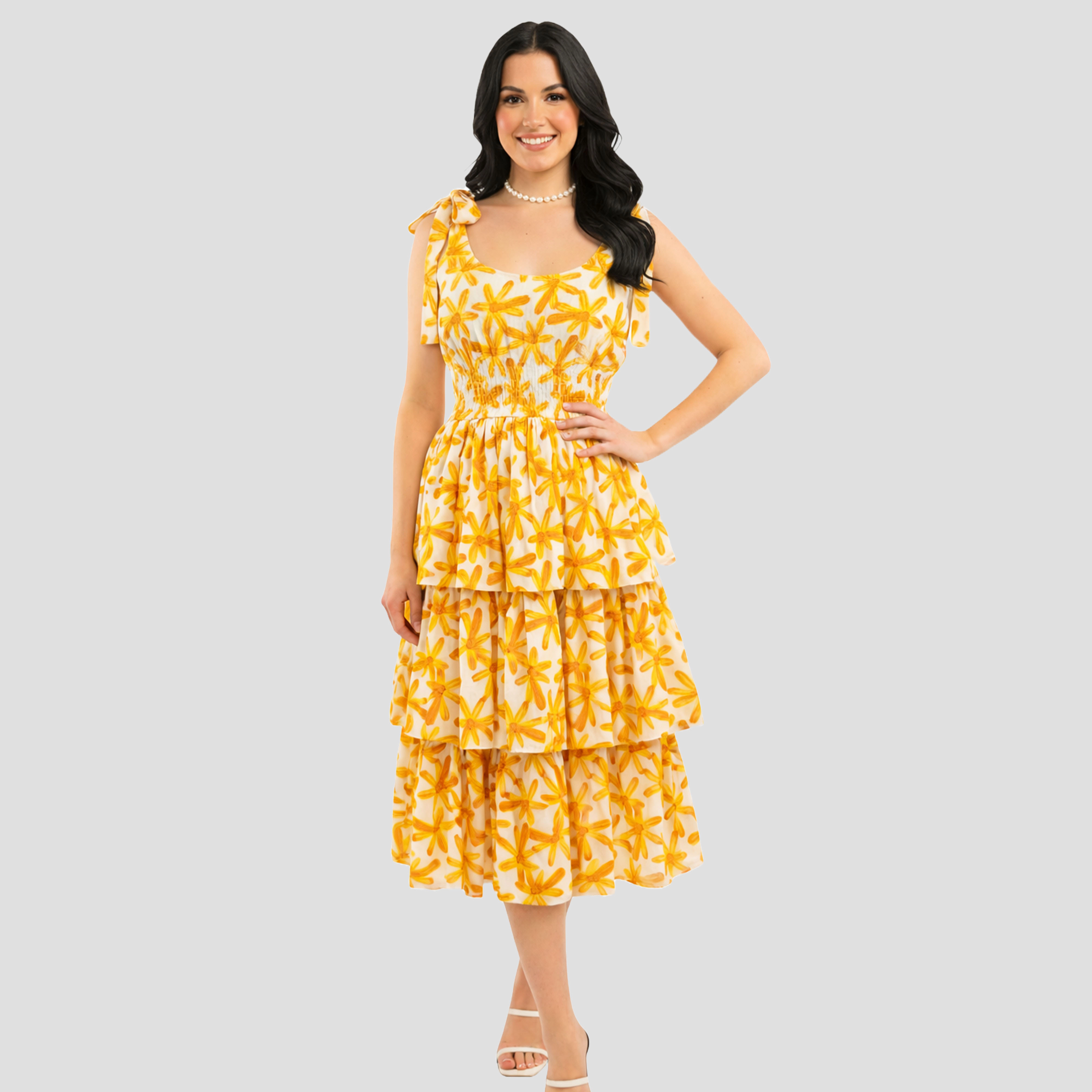 Artyska Women’s Floral Tiered Midi Dress with Bow-Tied Sleeves