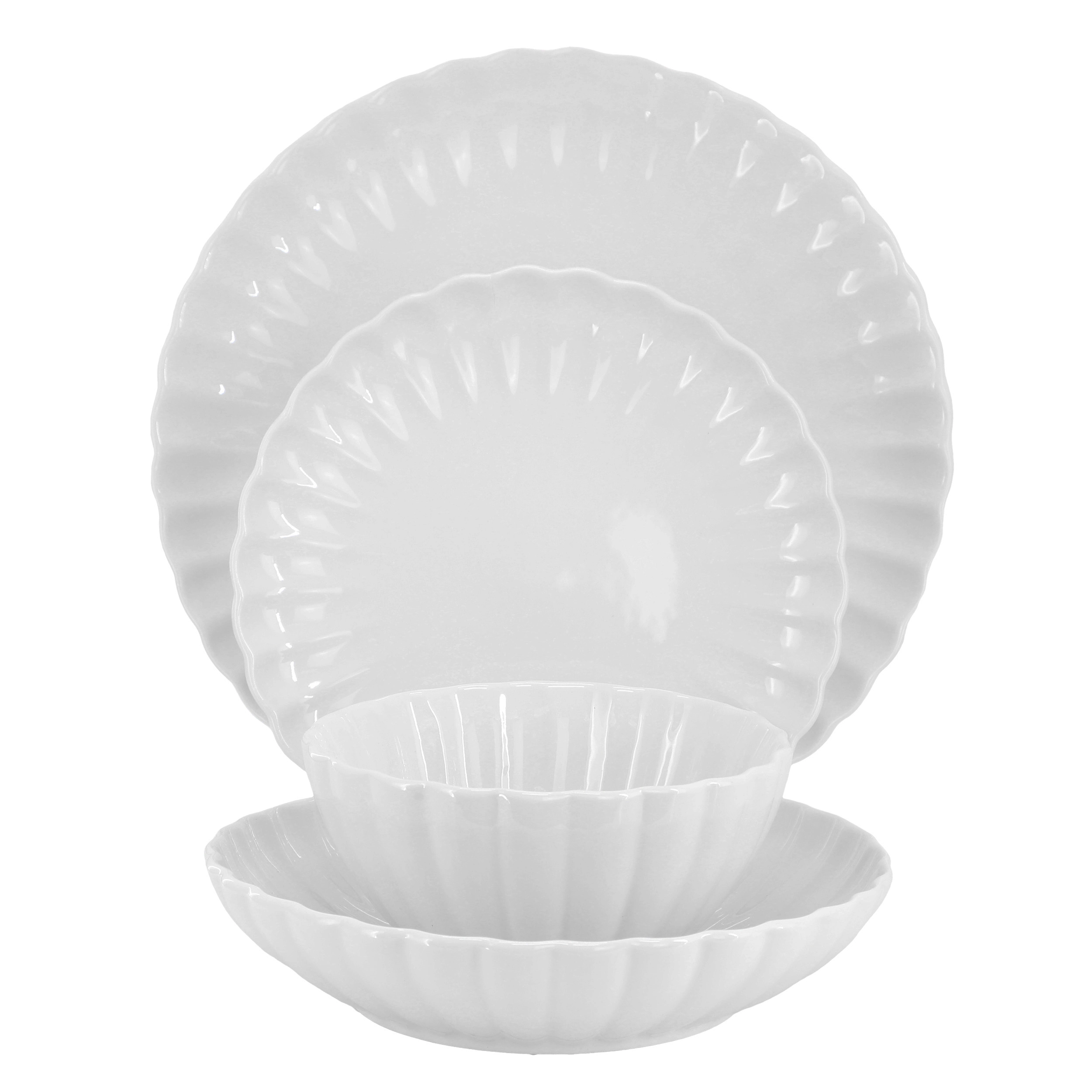 Elama Jane 16 Piece Scalloped Double Bowl Porcelain Dinnerware Set in White
