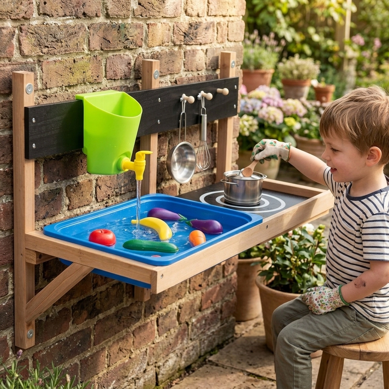 Wall Mounted Mud Kitchen for Kids Outdoor with Water Tank Faucet and 15.5-in Sink 31.5-in x 13.5-in x 22-in Fir Wood