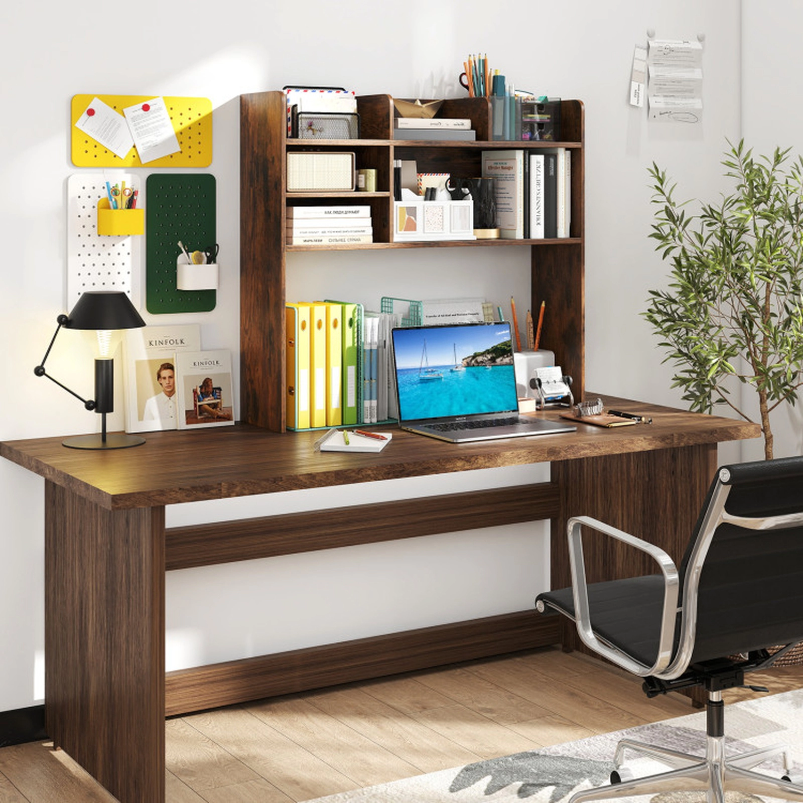 SUGIFT 6-Shelf Rustic Brown Desktop Bookshelf Countertop Hutch with 3-Position Adjustable Shelf for Monitor