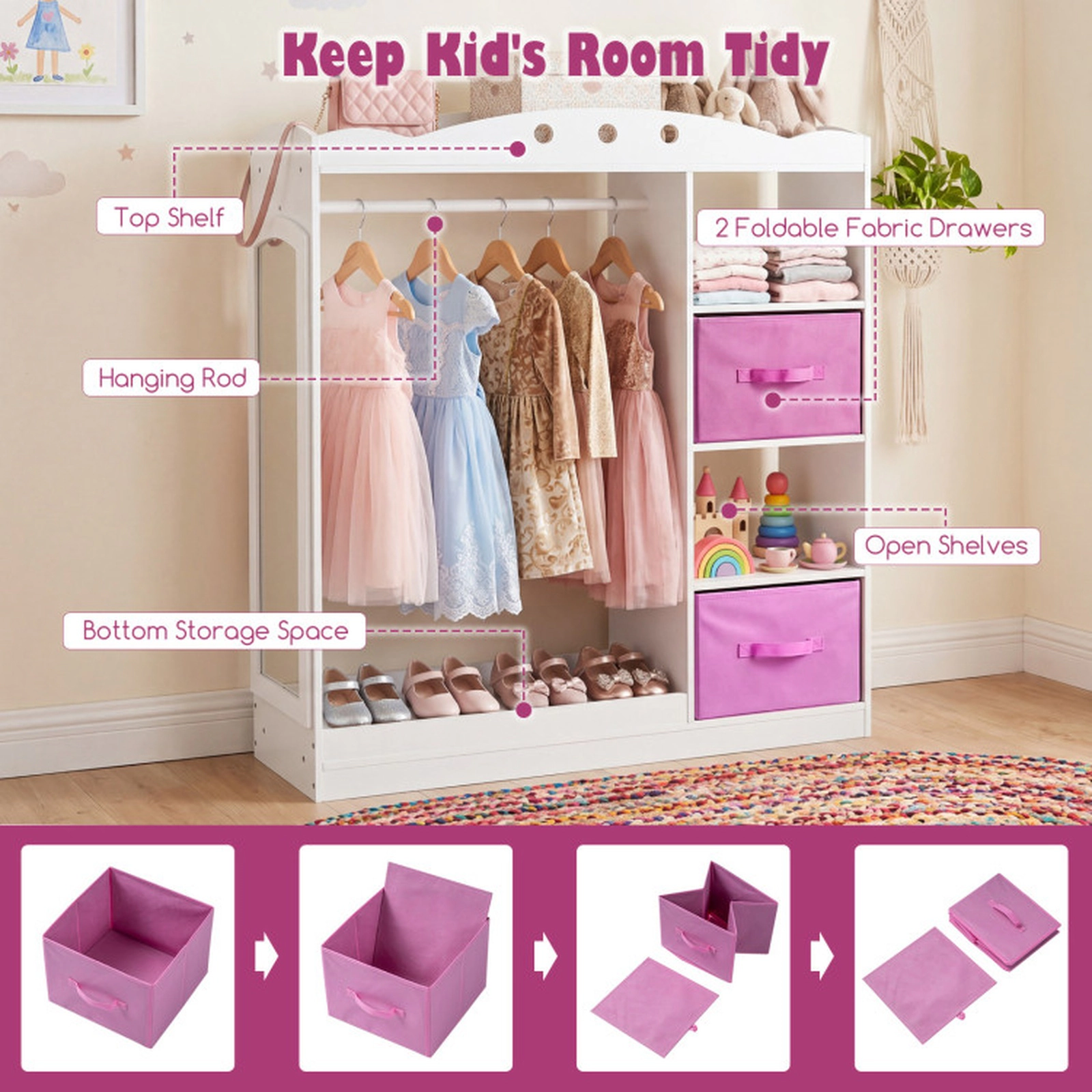 SUGIFT 44-in White Kids Dress Up Storage and Clothing Rack with Full Length Acrylic Mirror and 2 Fabric Drawers