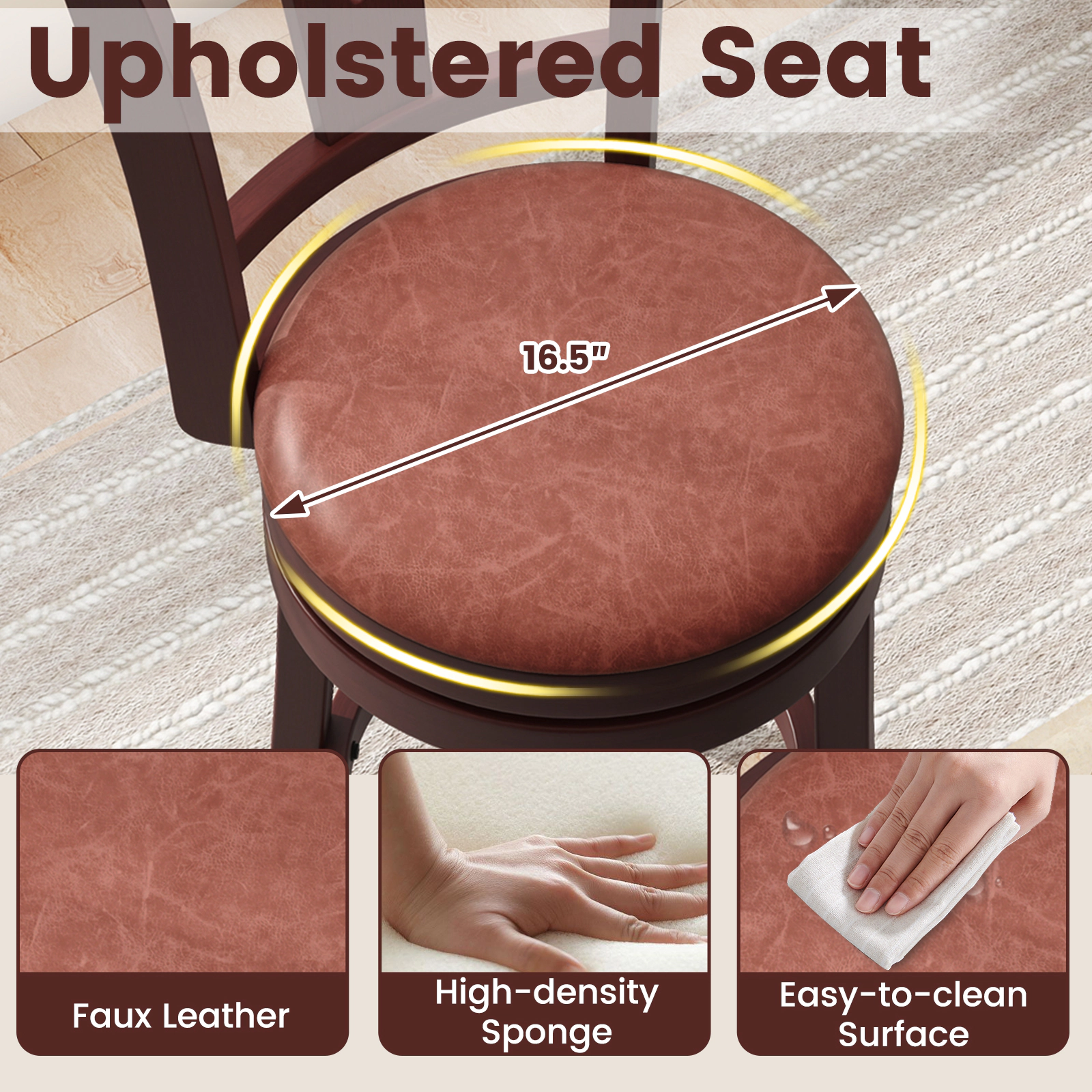 SUGIFT Set of 2 360° Swivel Counter Height Bar Stools with High Backs & Footrests 355-lb Capacity 26-in Seat Cappuccino