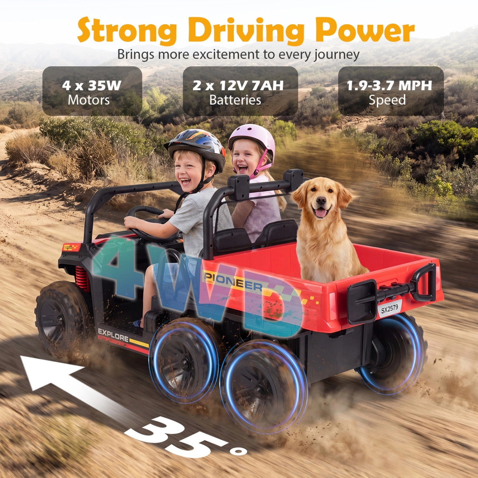 24V 2-Seater Kids Ride On Dump Truck 4WD with Electric Dump Bed Shovel and Parent Remote LED Lights Ages 3-8 Red Toy