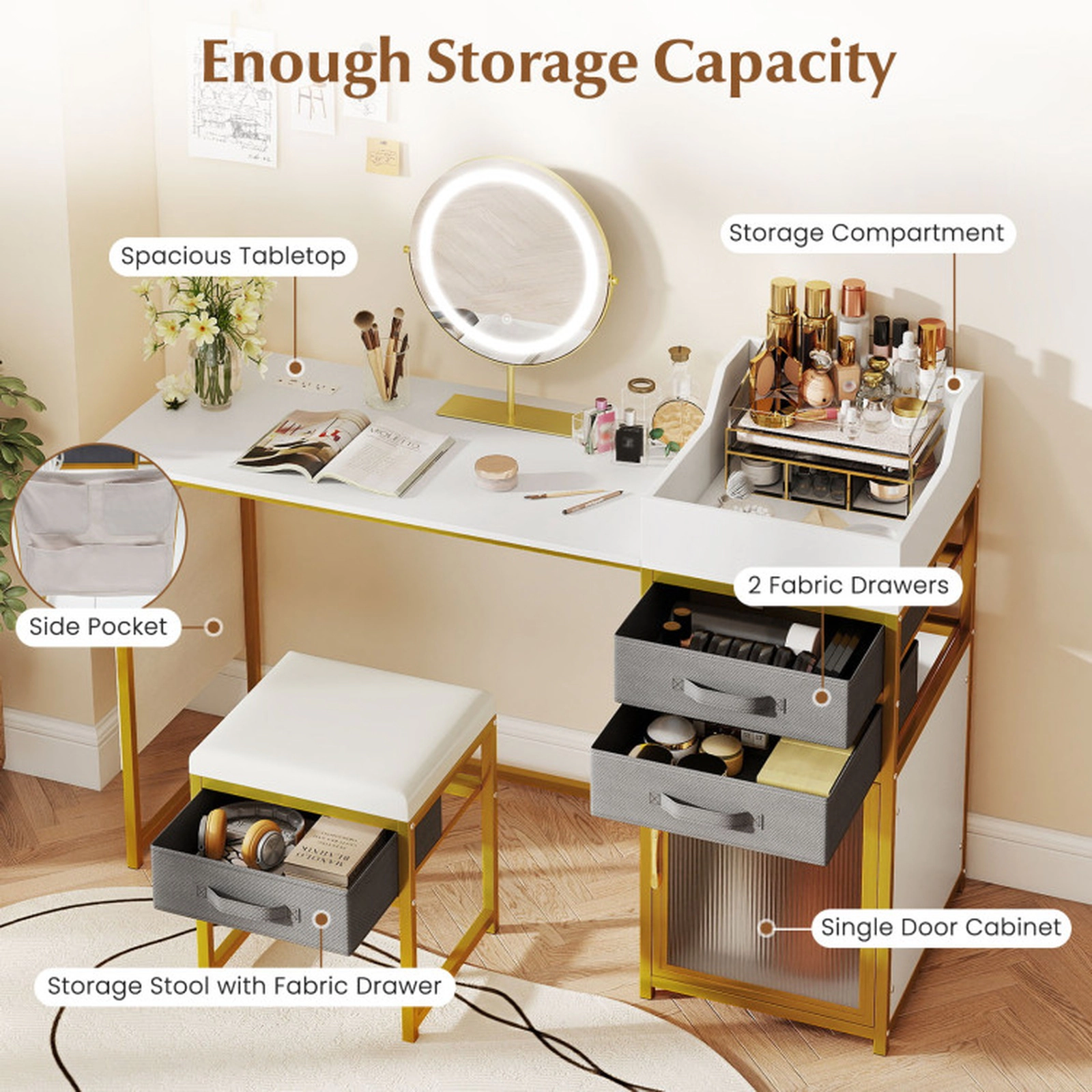 SUGIFT 360 Degree Rotatable Lighted Mirror Charging Station and Stool 55 Inch Vanity Desk
