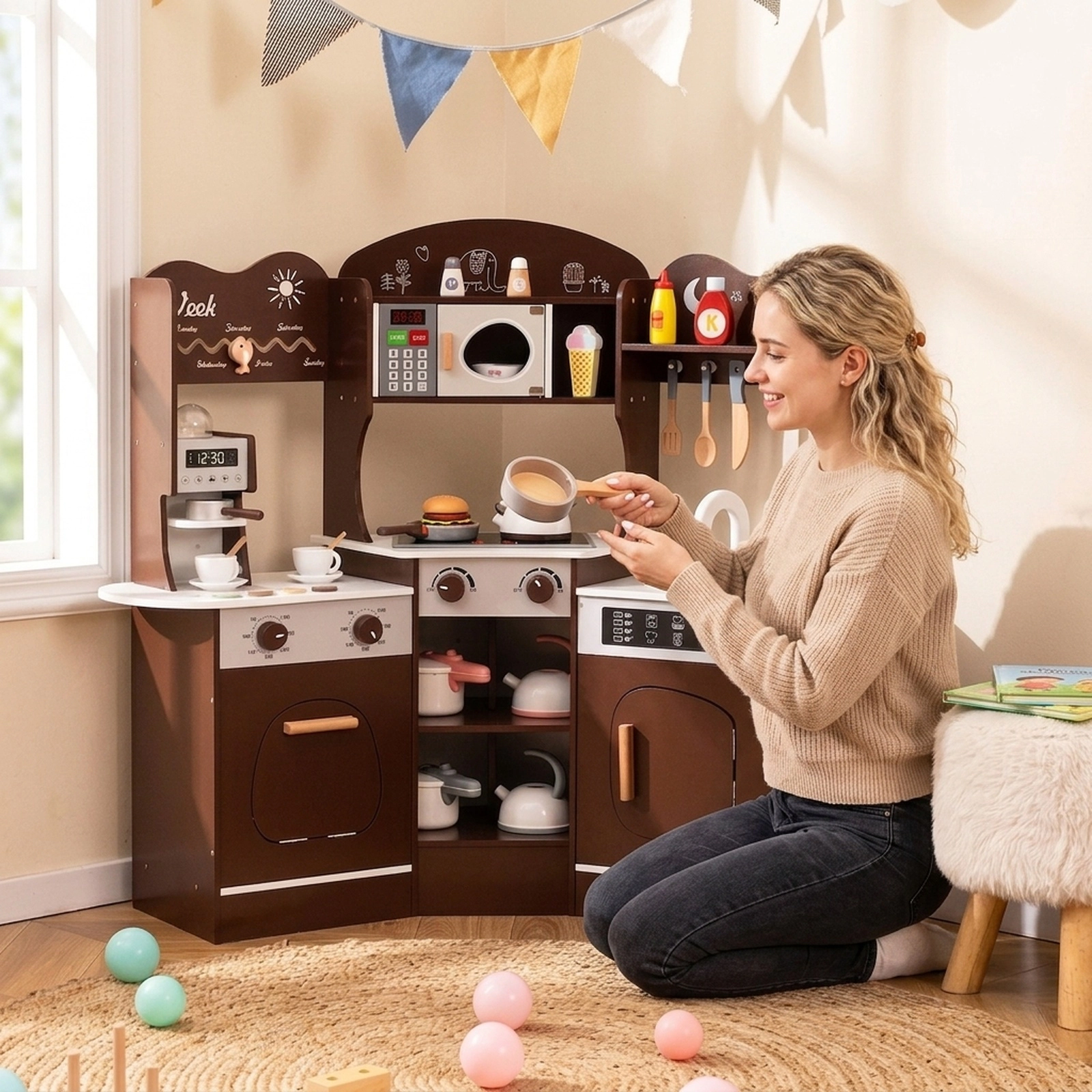 Corner Wooden Play Kitchen Toy Coffee Machine Slide Light Up Microwave Washing Machine 41-in x 12-in x 37-in Brown