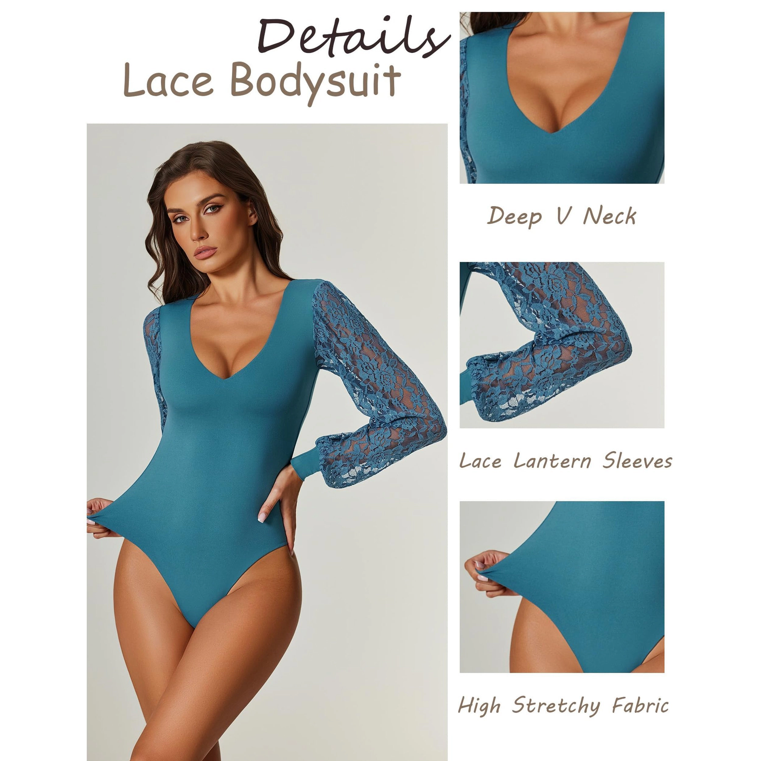 Avidlove Women's Long Sleeve V Neck Lace Bodysuit