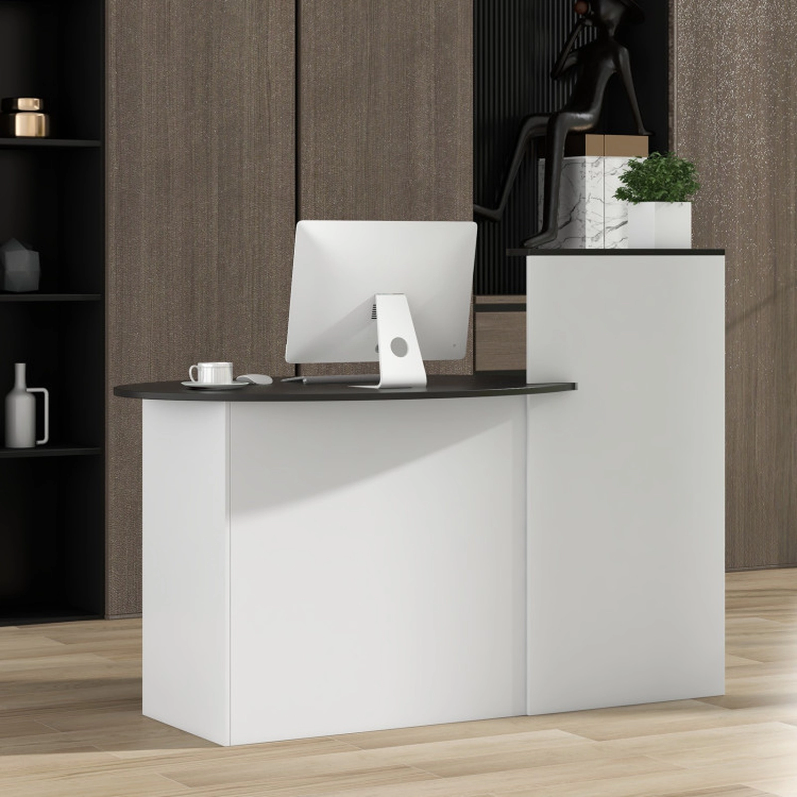 SUGIFT 54-Inch Black Reception Desk with Oval Counter, Lockable Drawer and Corner Shelf