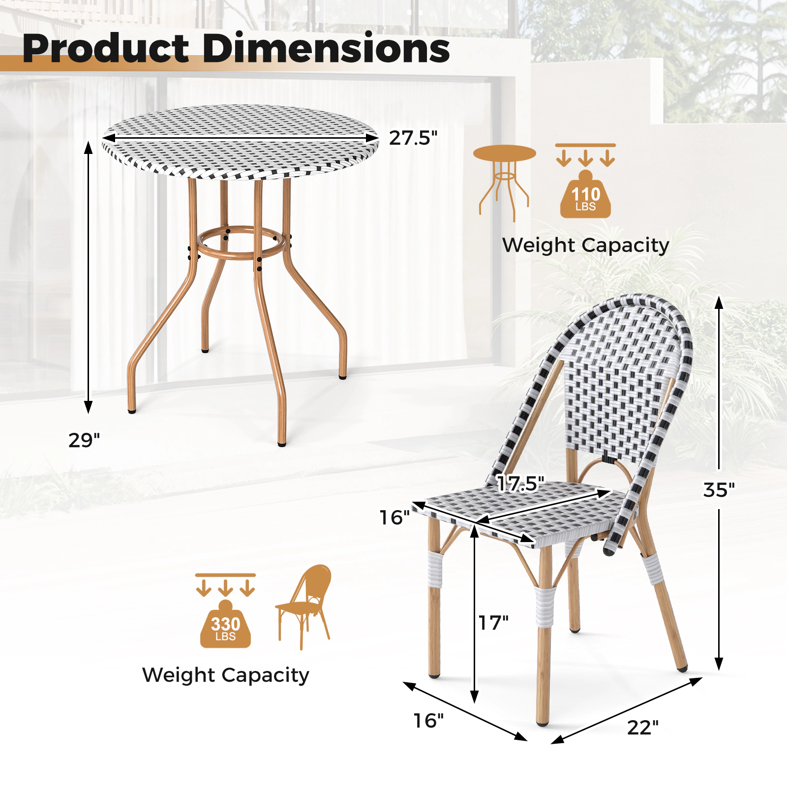 SUGIFT 3 Piece French Bistro Table & Chair Set Woven PE Rattan 110-lb Table 330-lb Chair Capacity Black/White Natural